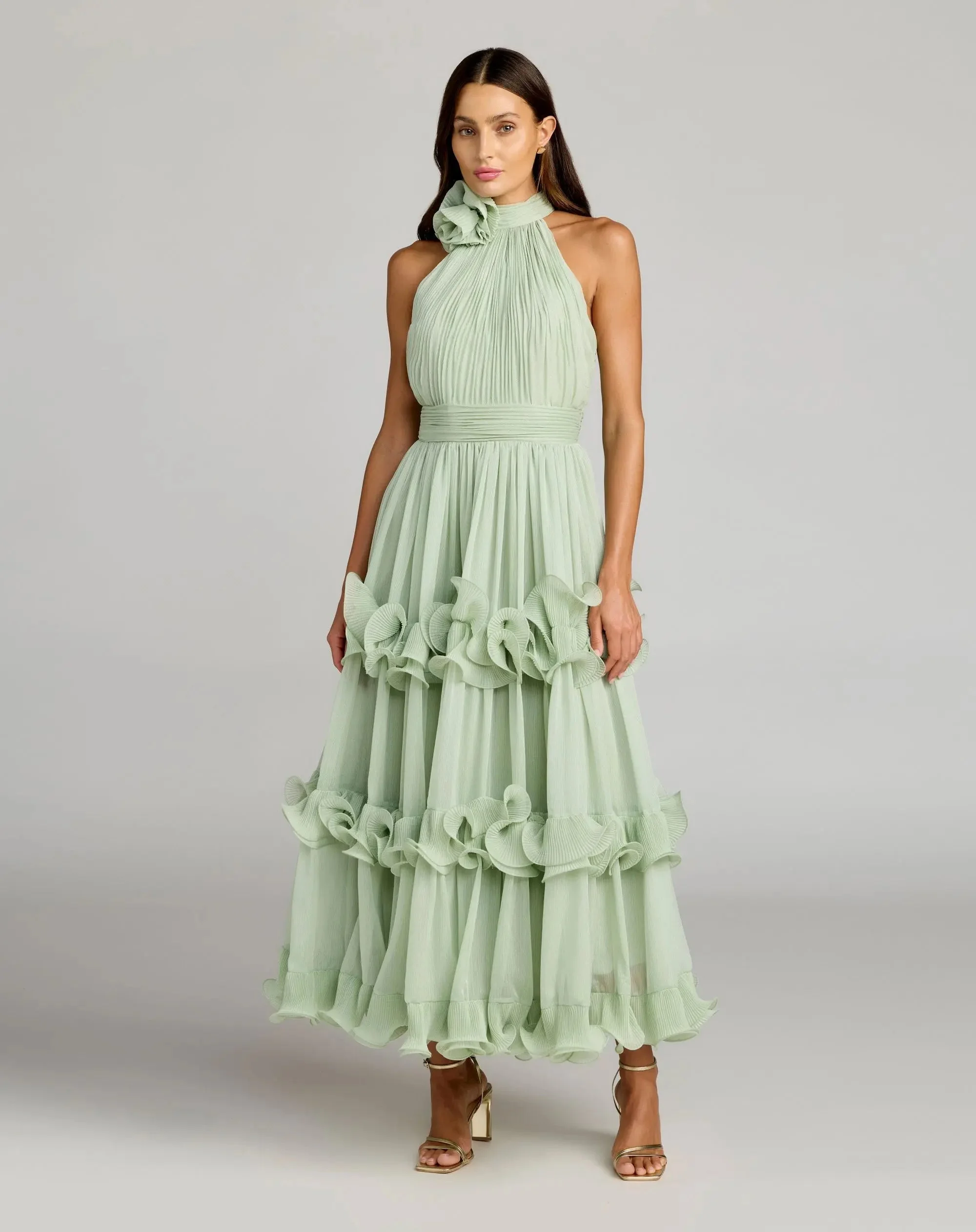 Green Sleeveless Chiffon Halter Neck Ruffle Midi Dress - 1