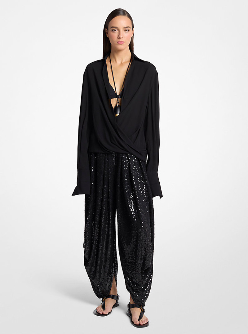 Hand-Embellished Sequin Georgette Jersey Draped Pants 1