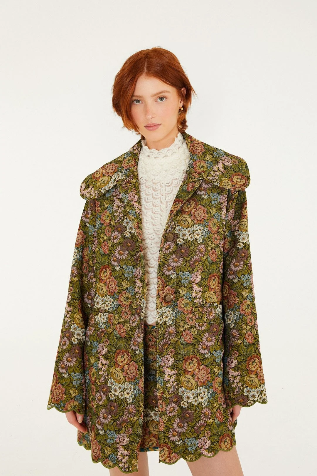 Flower Jacquard Lapel Trench Coat - 1