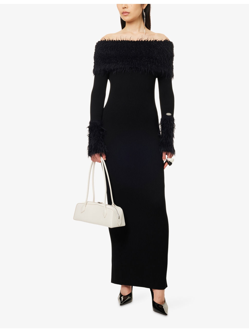 Off-Shoulder Faux Fur-Trim Ribbed-Knit Maxi Dress - 2