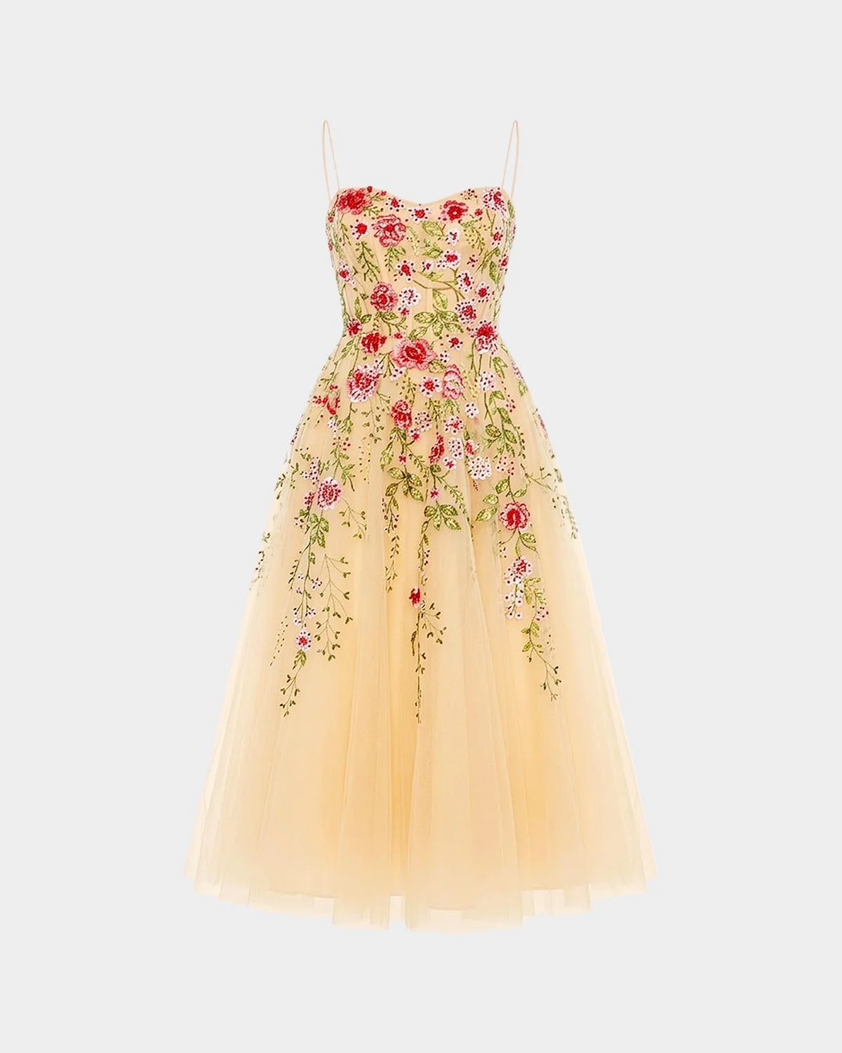 Floral-Embroidered Tulle Midi Dress - 1