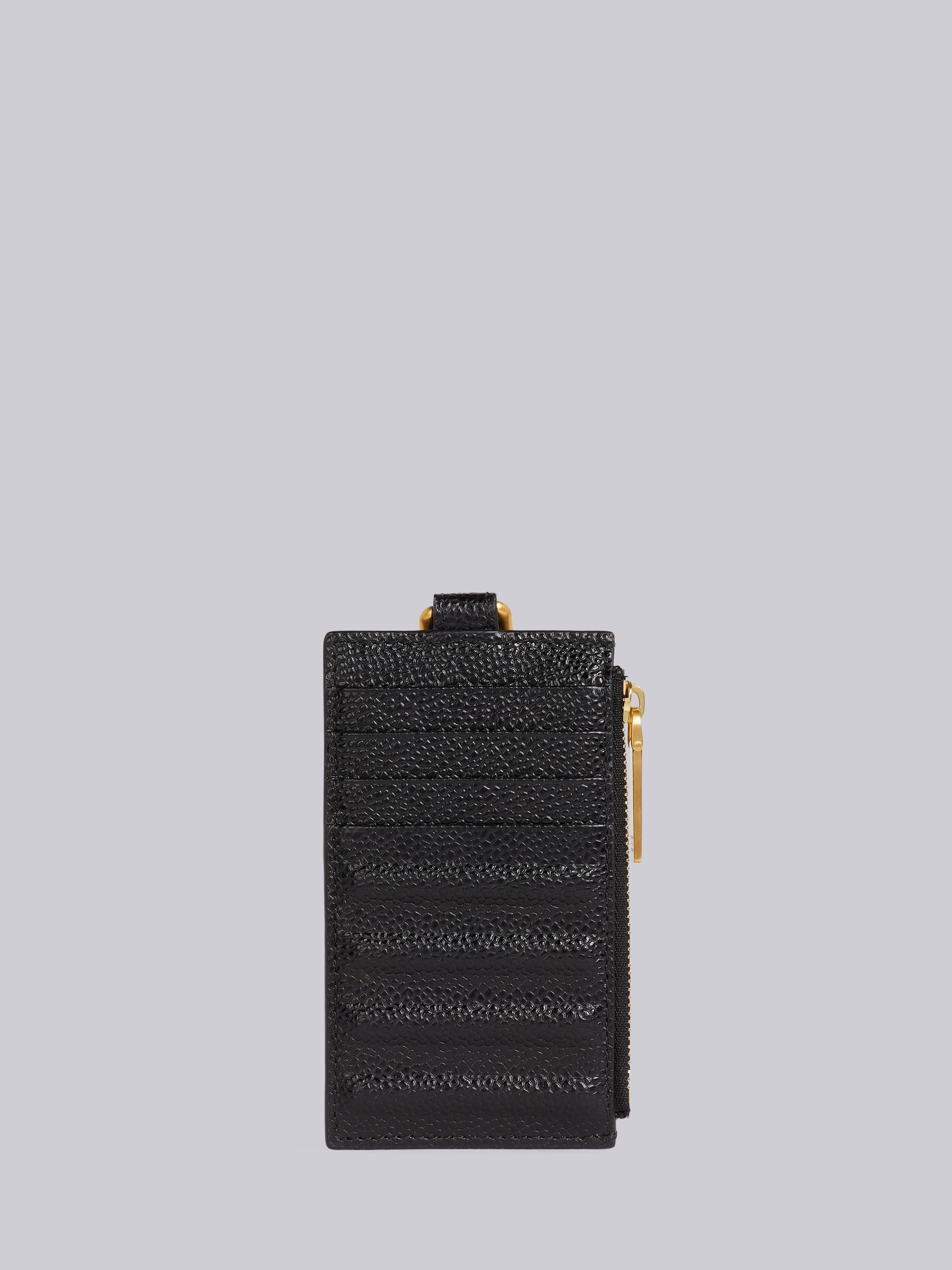 Black Pebble Grain Leather Debossed 4-Bar Stripe Lanyard Zippered Card Wallet - 3