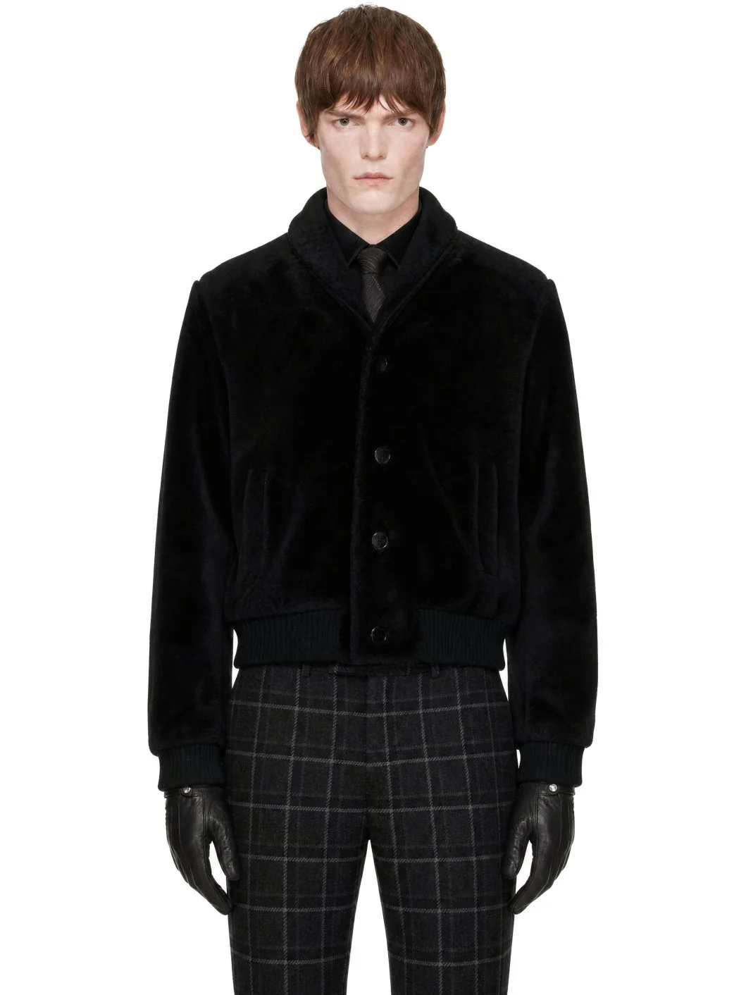 Black Shawl Collar Shearling Bomber Jacket - 1