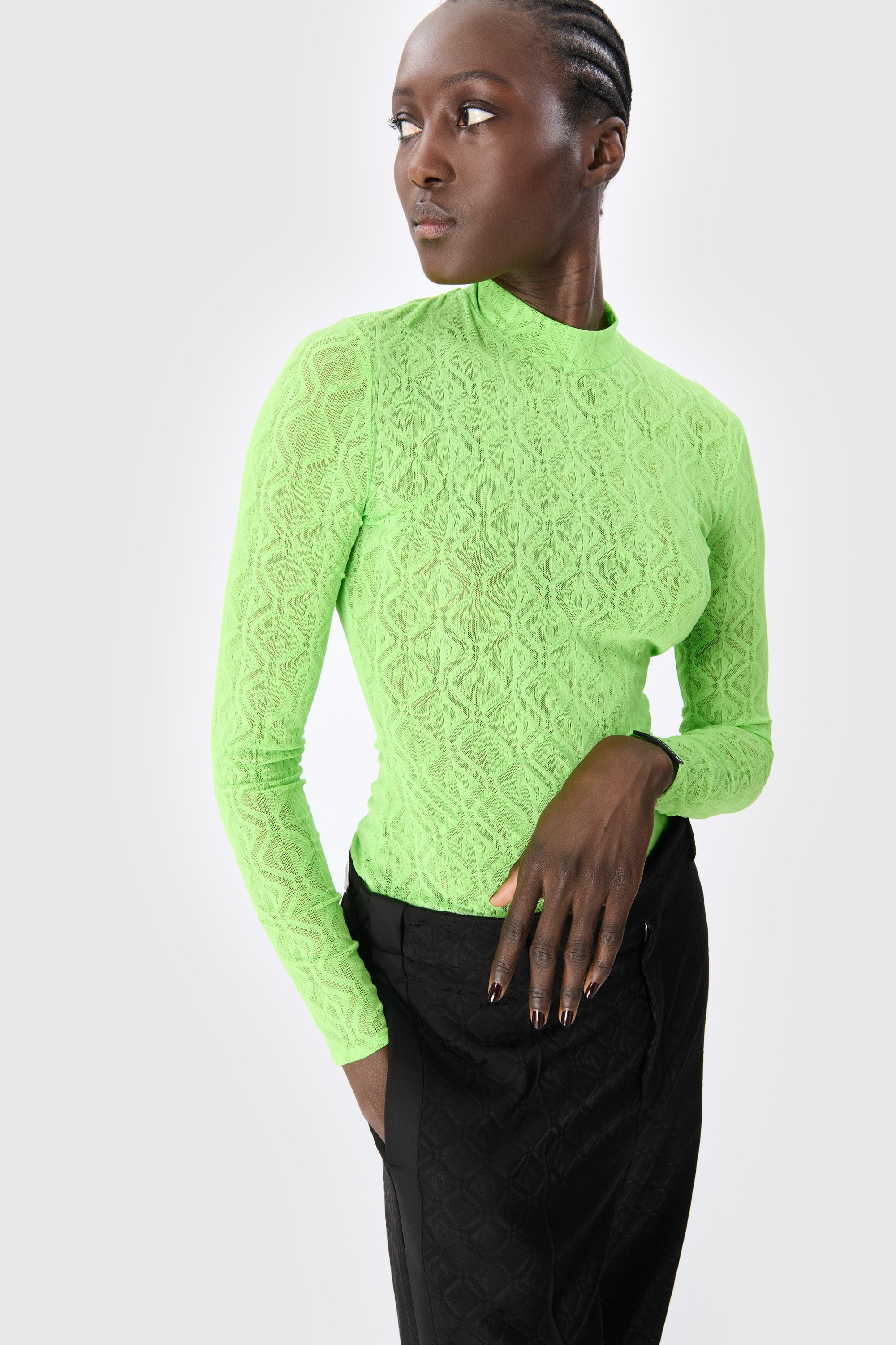 Moon Diamond Mesh Jacquard Second Skin Highneck Top - 2