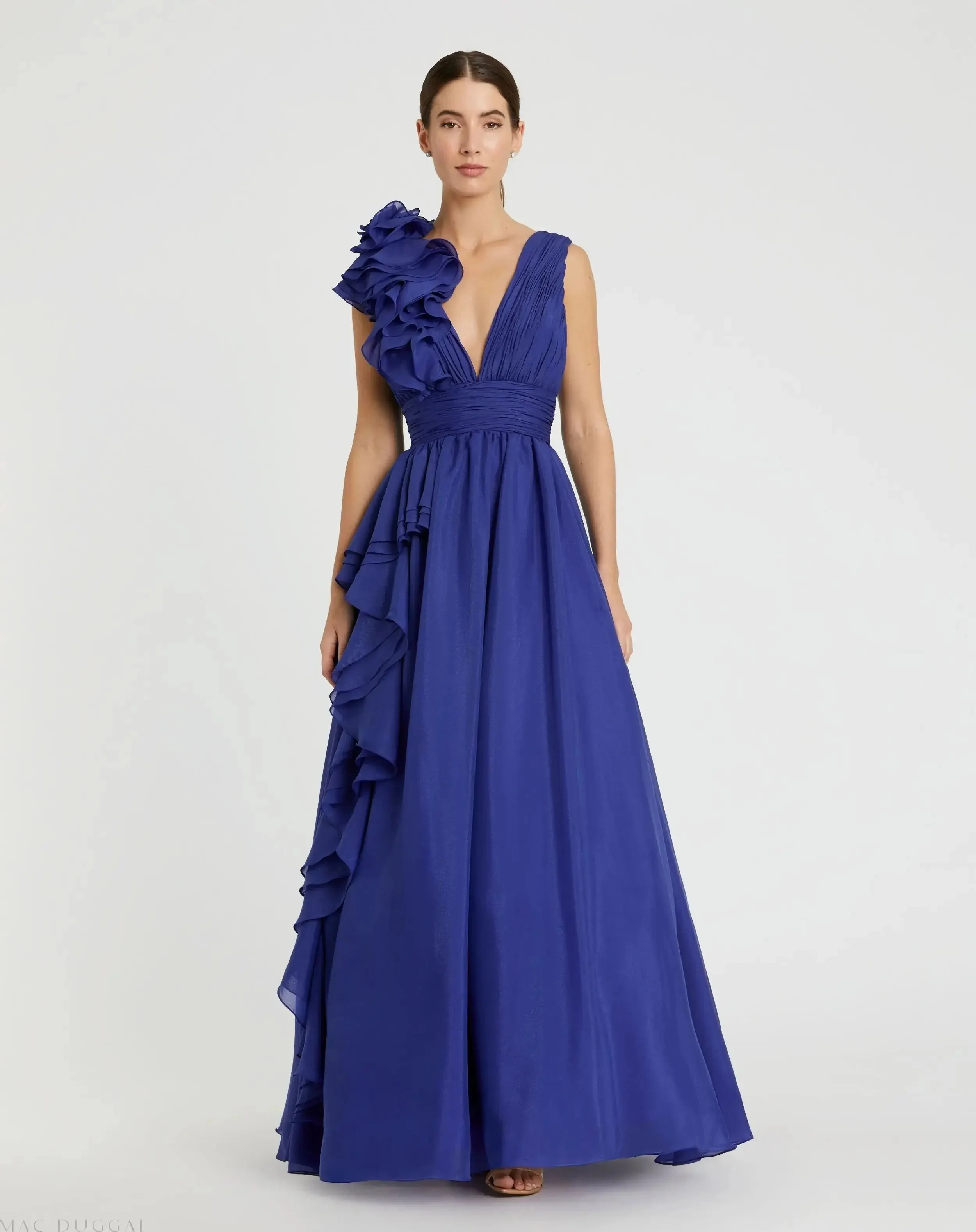 Dark Blue Ruffle Shoulder V-Neck Chiffon Gown - 1
