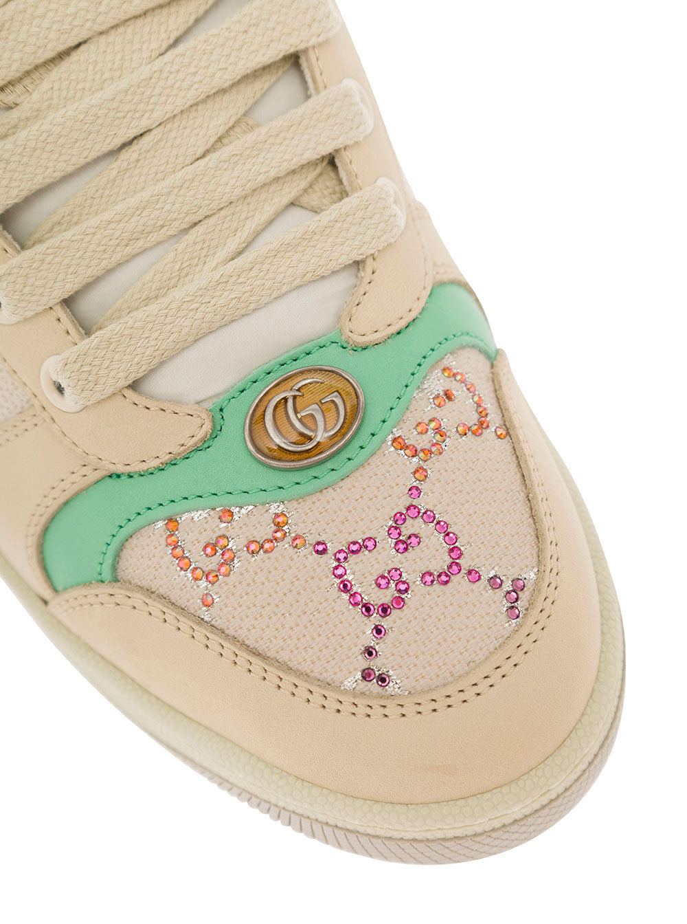 Gucci Women Beige Low-Top Sneakers With Web And Multicolour Gg Crystals In Wool Blend Woman - 4
