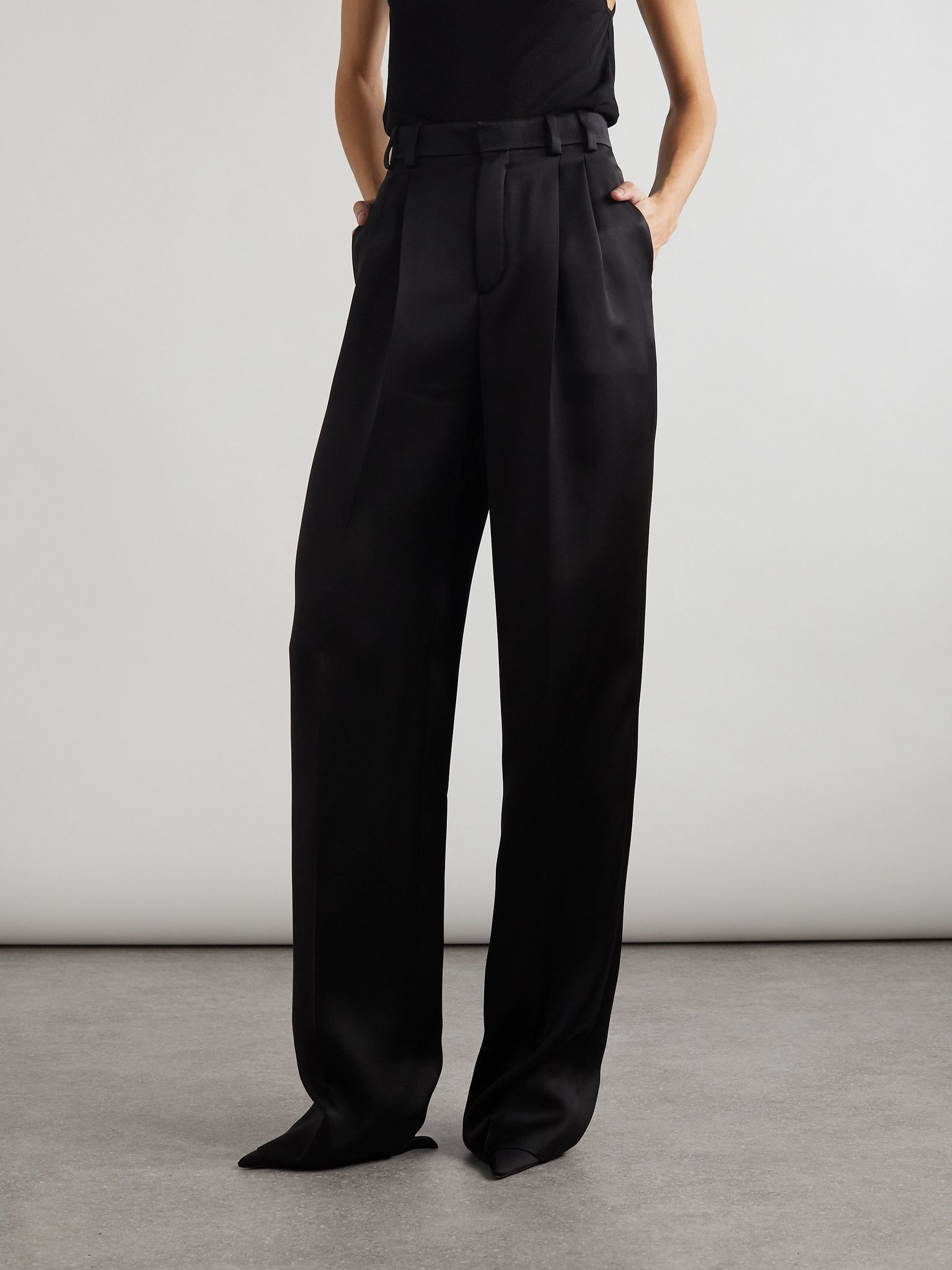 Pleated silk-satin straight-leg pants Black - 3