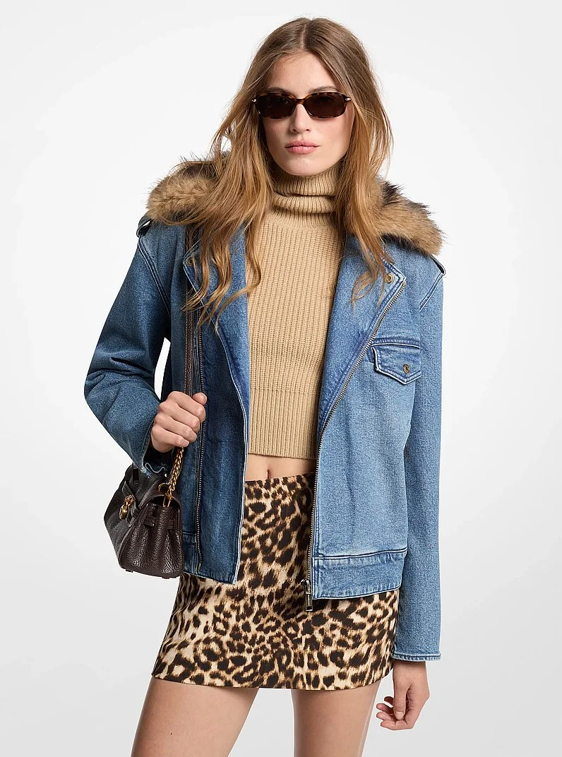 Faux Fur Trim Denim Moto Jacket - 1