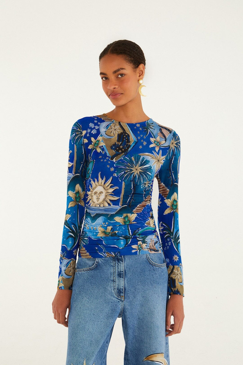 Blue Mystical Long Sleeve Jersey Blouse 1