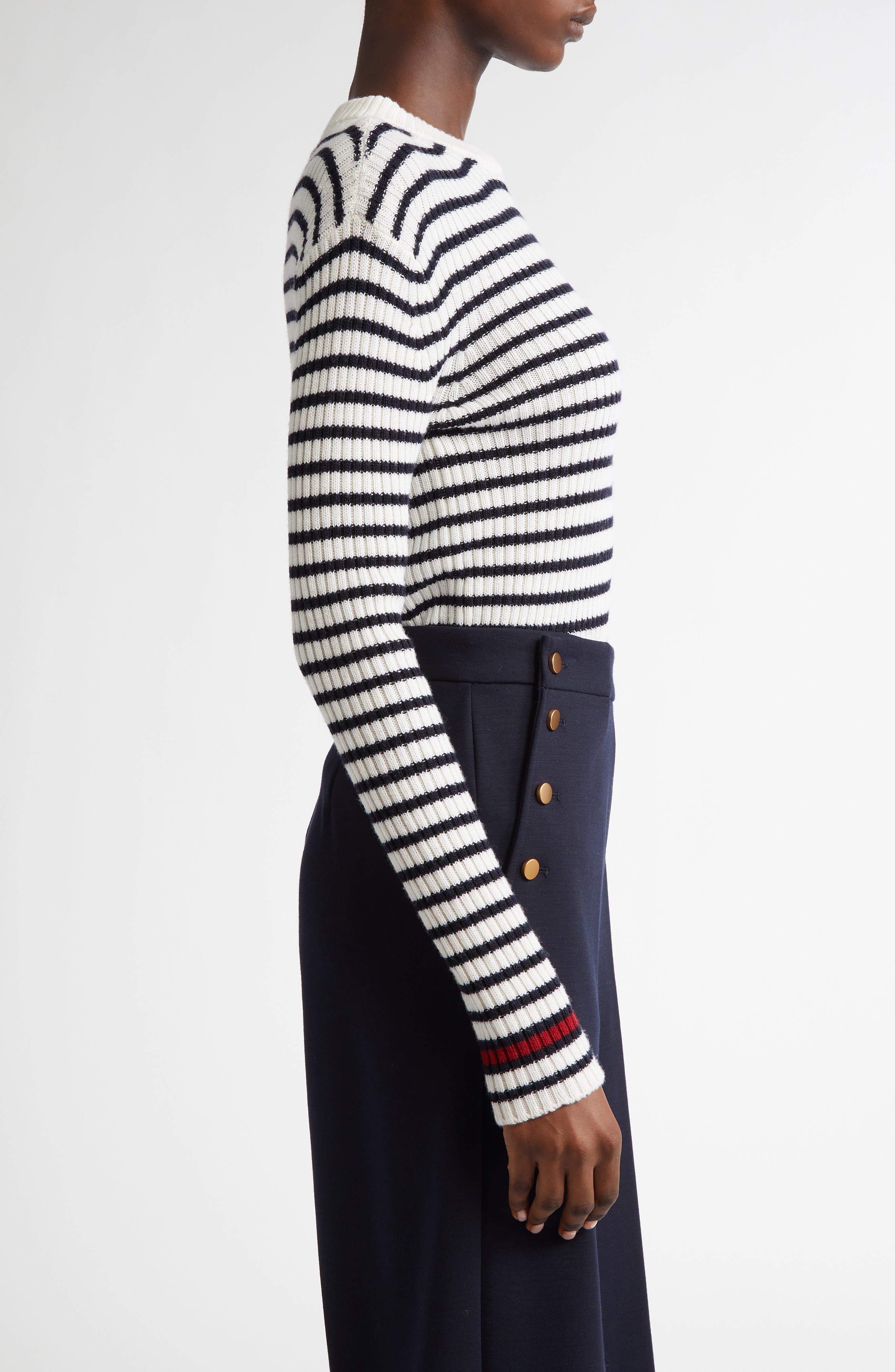 Max Mara Lari Button Detail Stripe Virgin Wool Rib Sweater in White at Nordstrom - 3