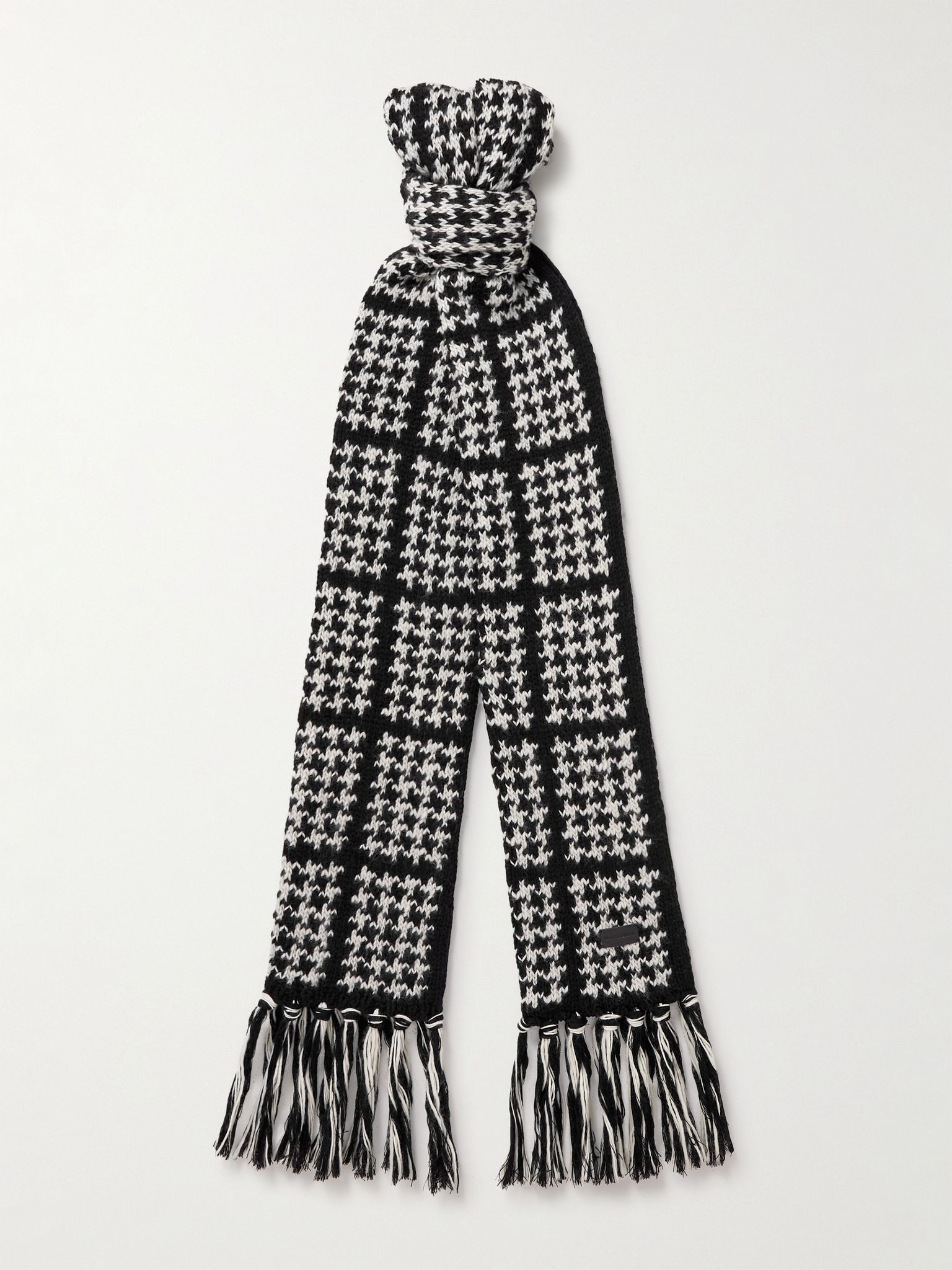 Logo-Appliquéd Fringed Houndstooth Wool and Cashmere-Blend Scarf - 1