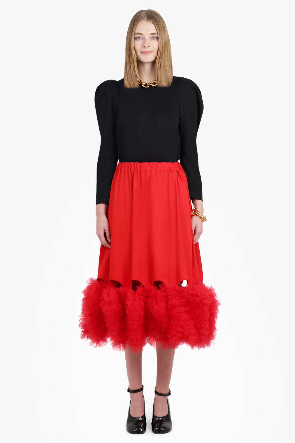 MIDI SKIRT WITH ATTACHED TULLE HEM | RED - 4