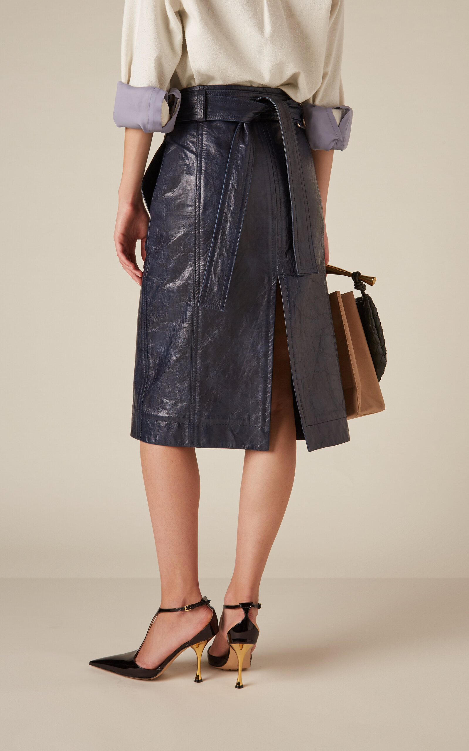 Belted Embossed-Leather Midi Pencil Skirt navy - 4