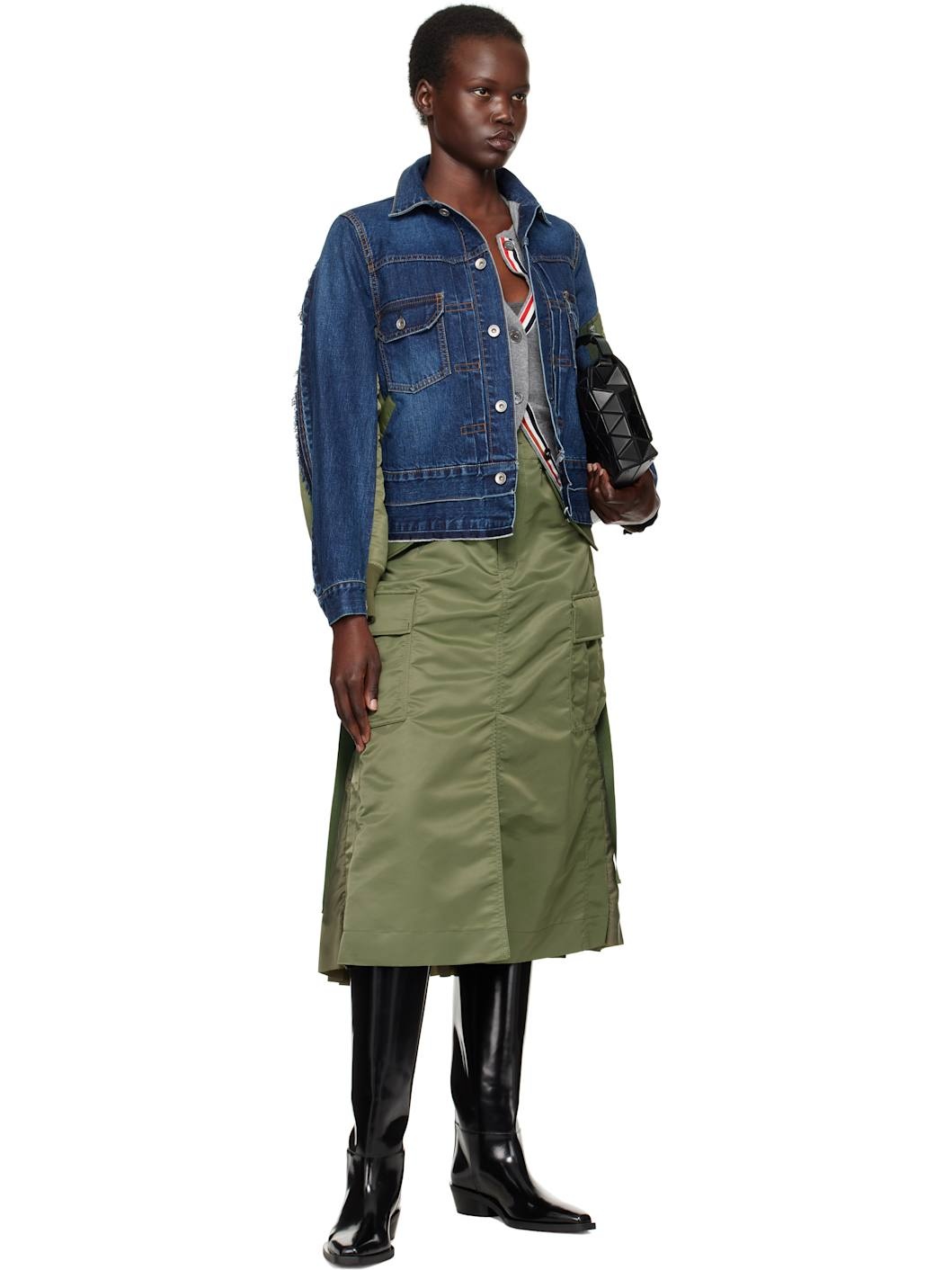 Khaki Nylon Twill Midi Skirt - 4