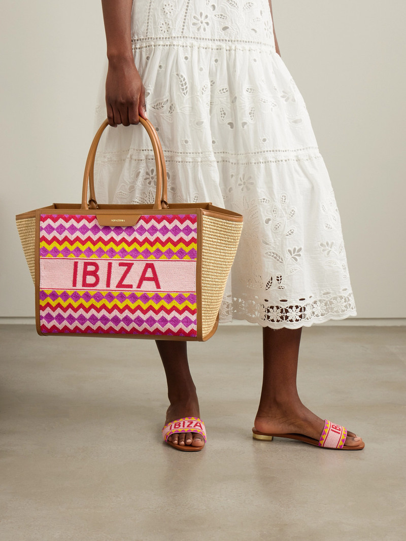 AQUAZZURA Ibiza Leather-trimmed Beaded Raffia Tote outlook