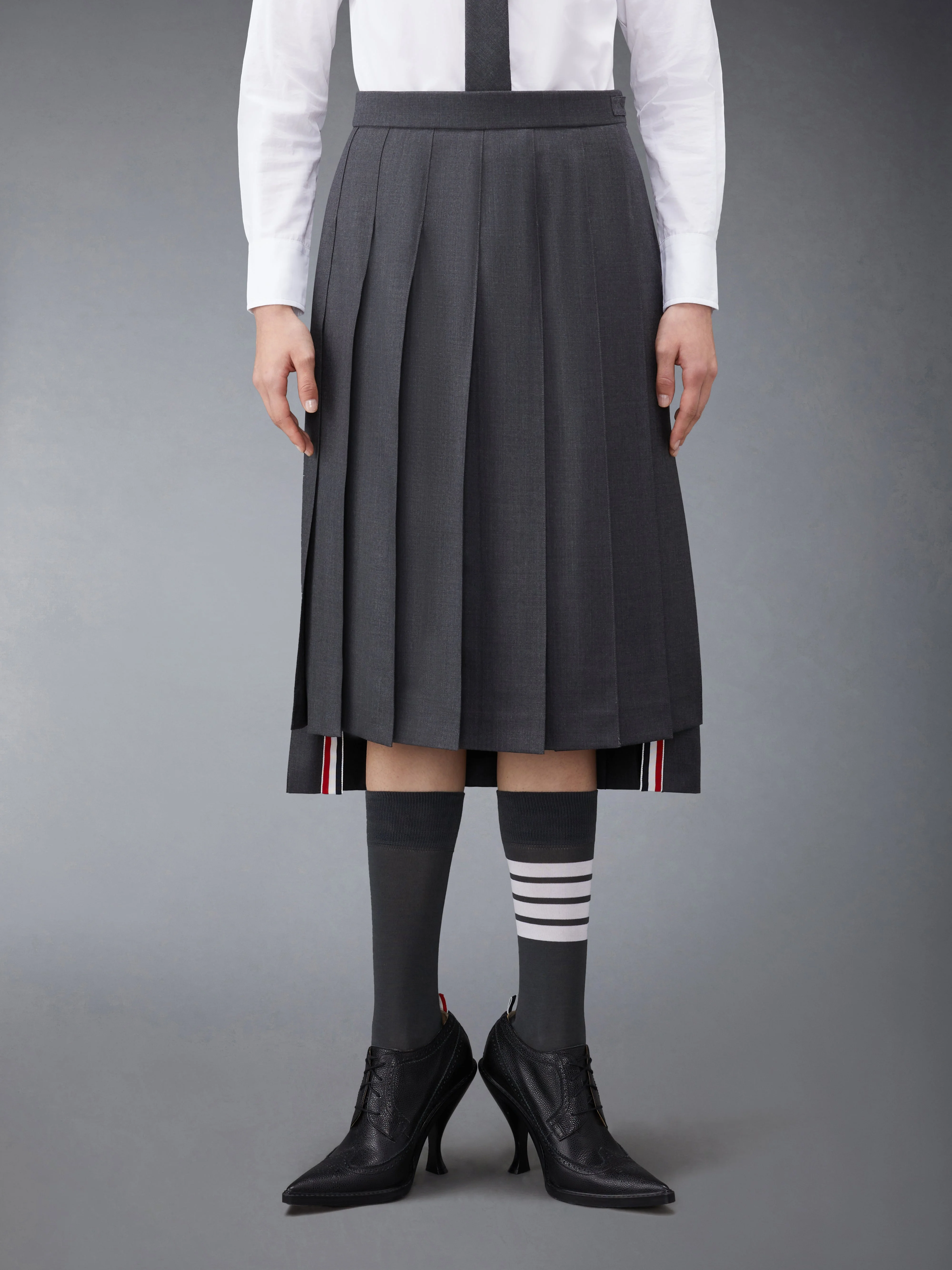 Dark Grey Super 120's Twill Below Knee Pleated Skirt - 1