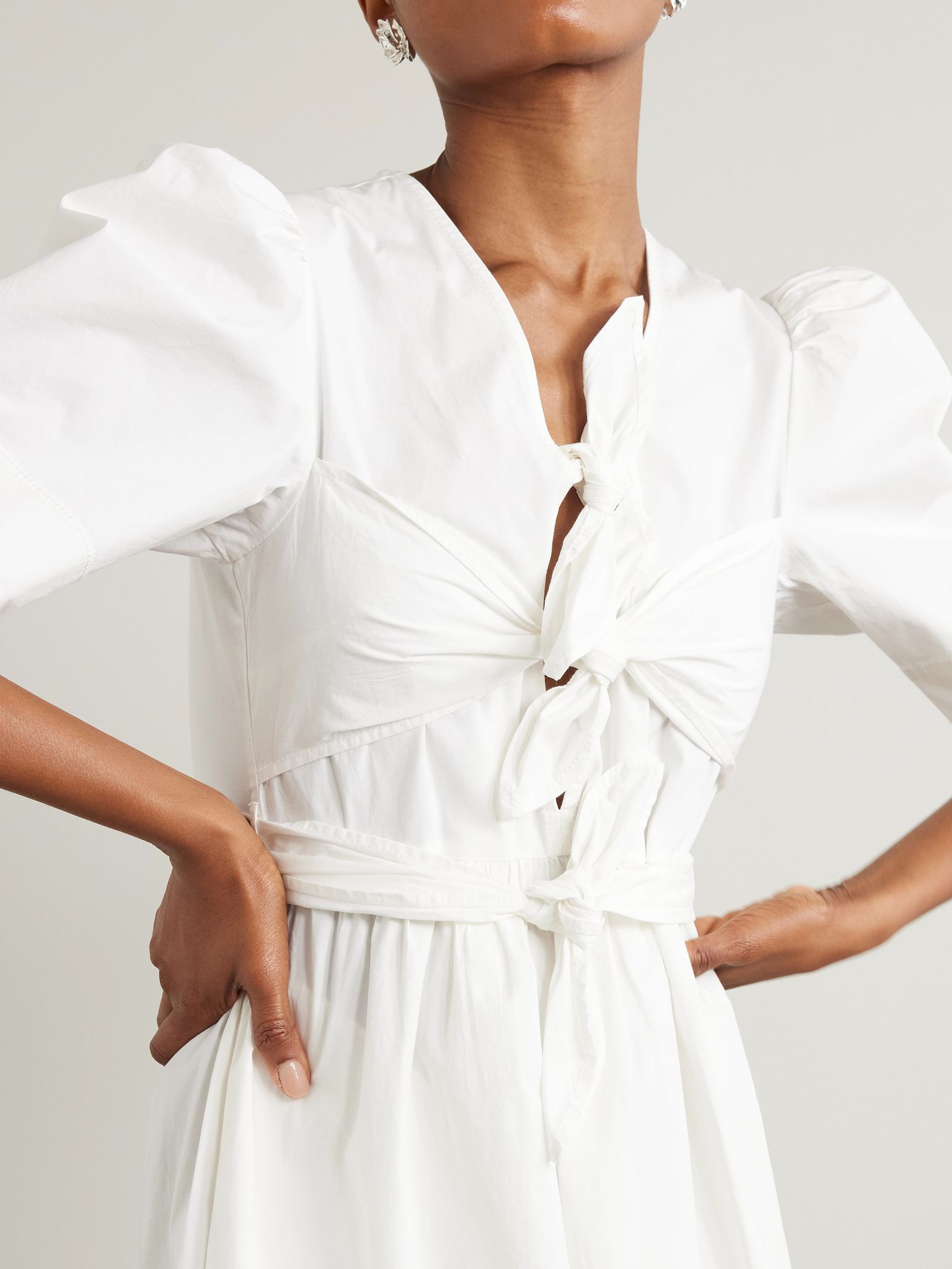 Belted tie-detailed gathered cotton-blend poplin midi dress White - 5
