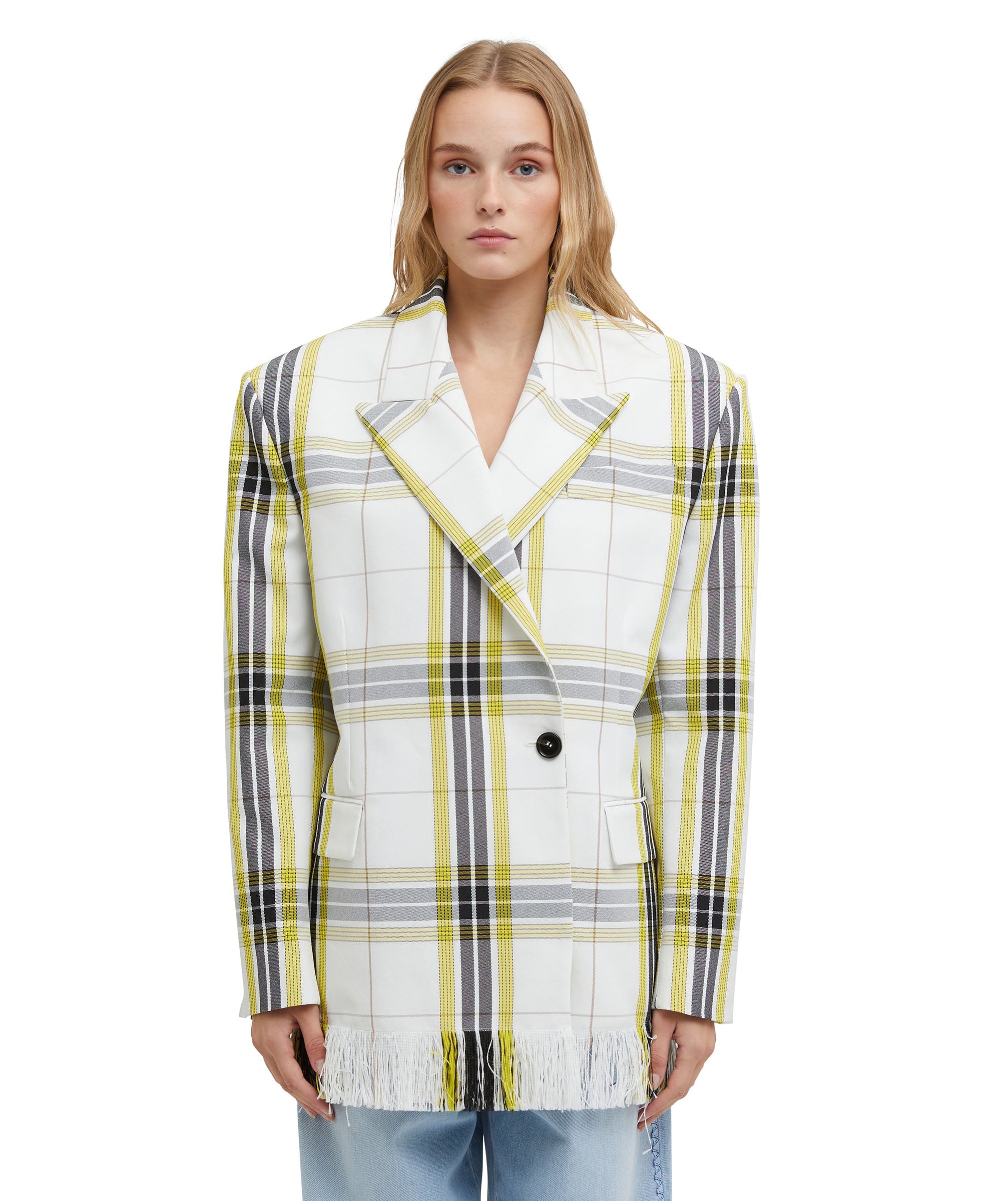 Asymmetrically buttoned jacket in tecno canvas check - 2