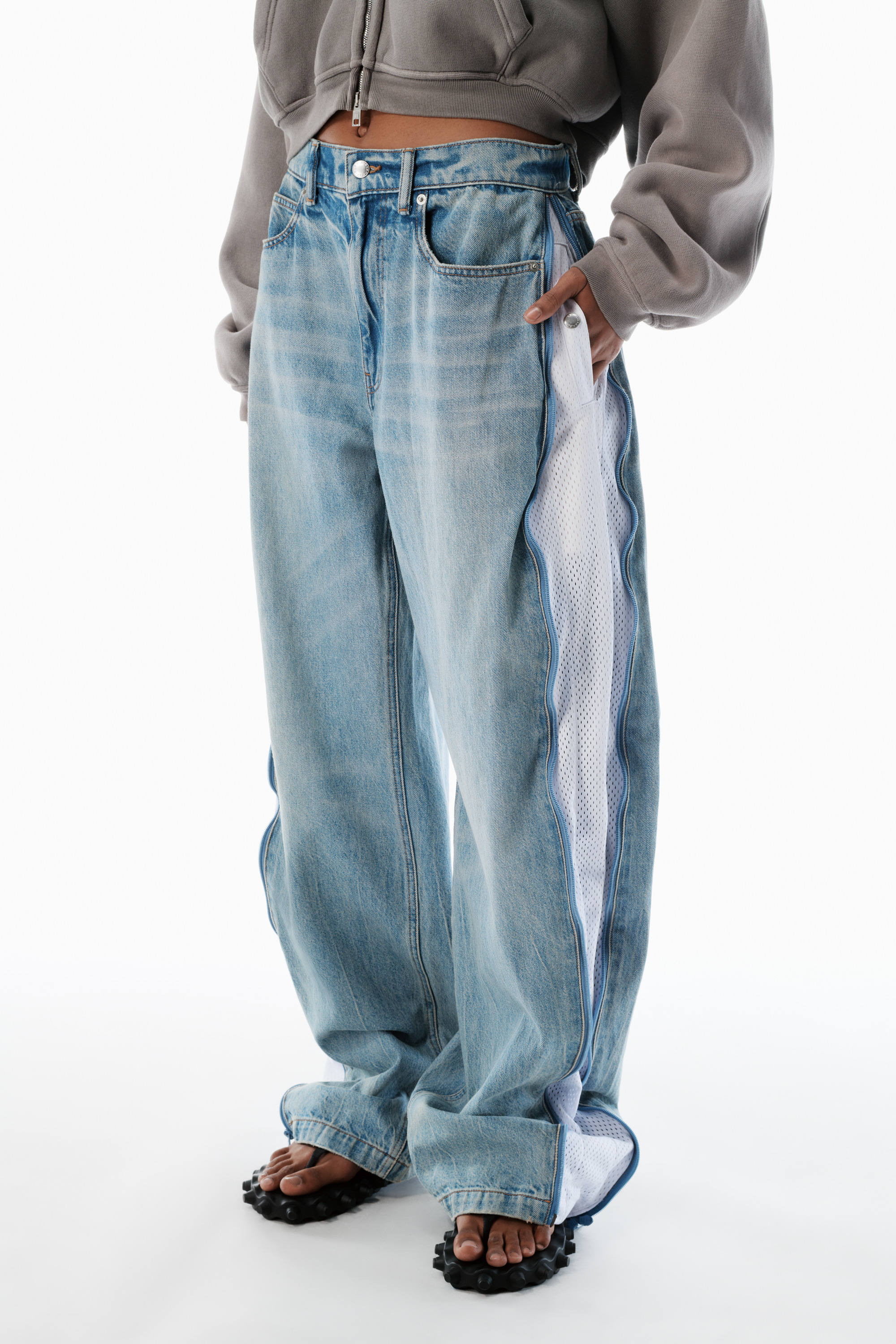 bleach blue curved zipper pants - 3