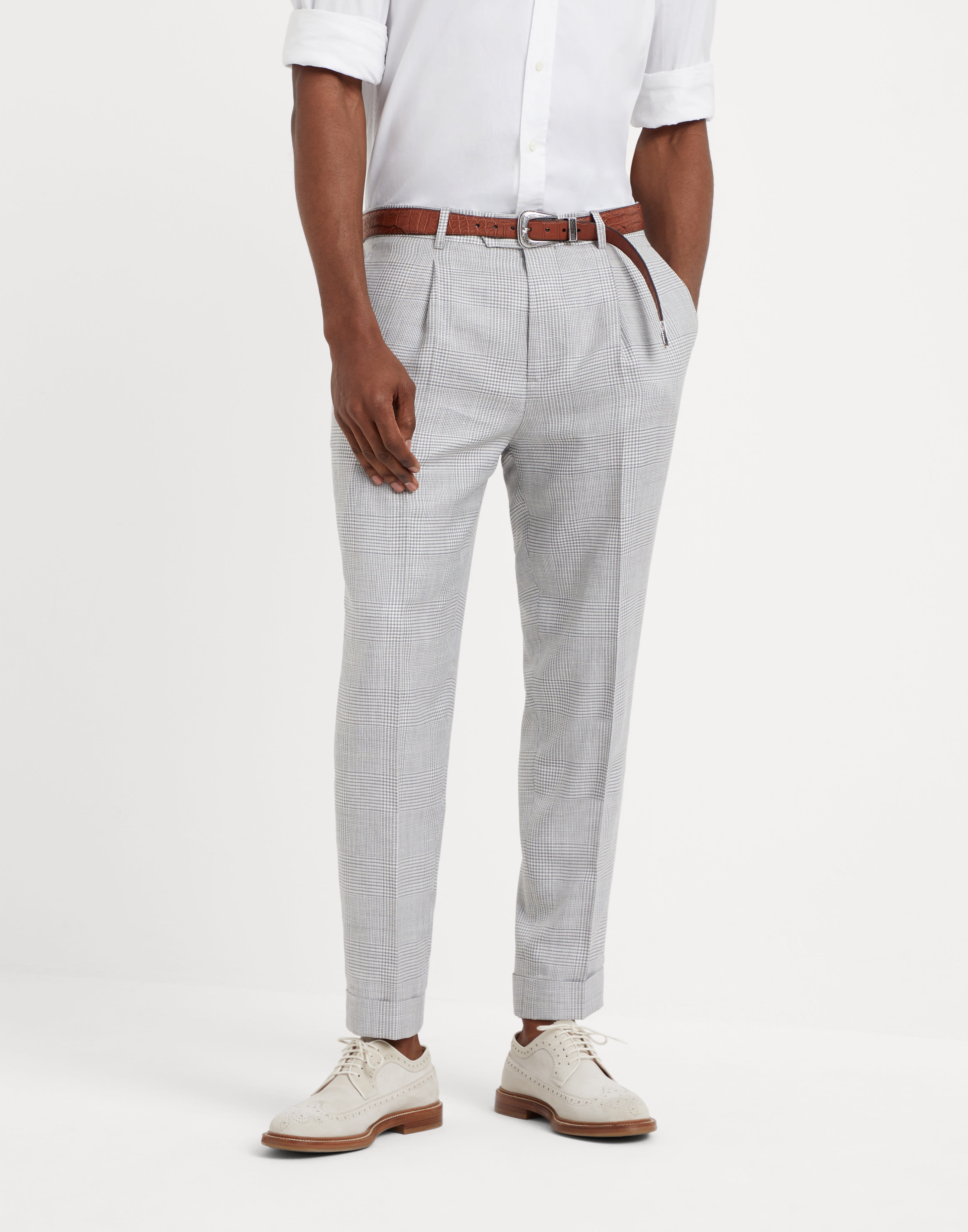 Wool, linen and silk Prince of Wales leisure fit trousers with pleat - 1