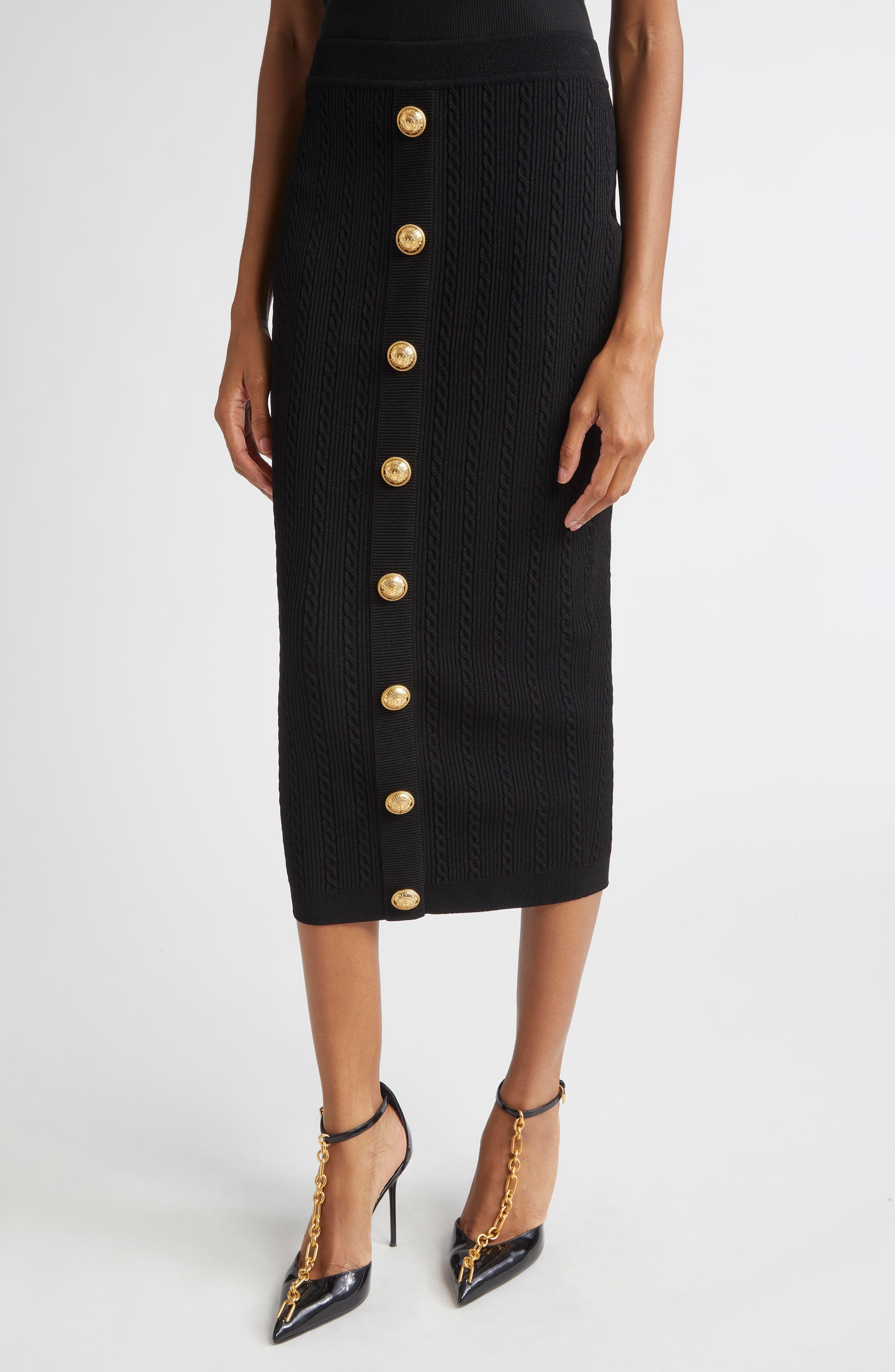 Balmain Torsade Button Detail Rib Cable Knit Midi Skirt in 0Pa Black at Nordstrom - 5