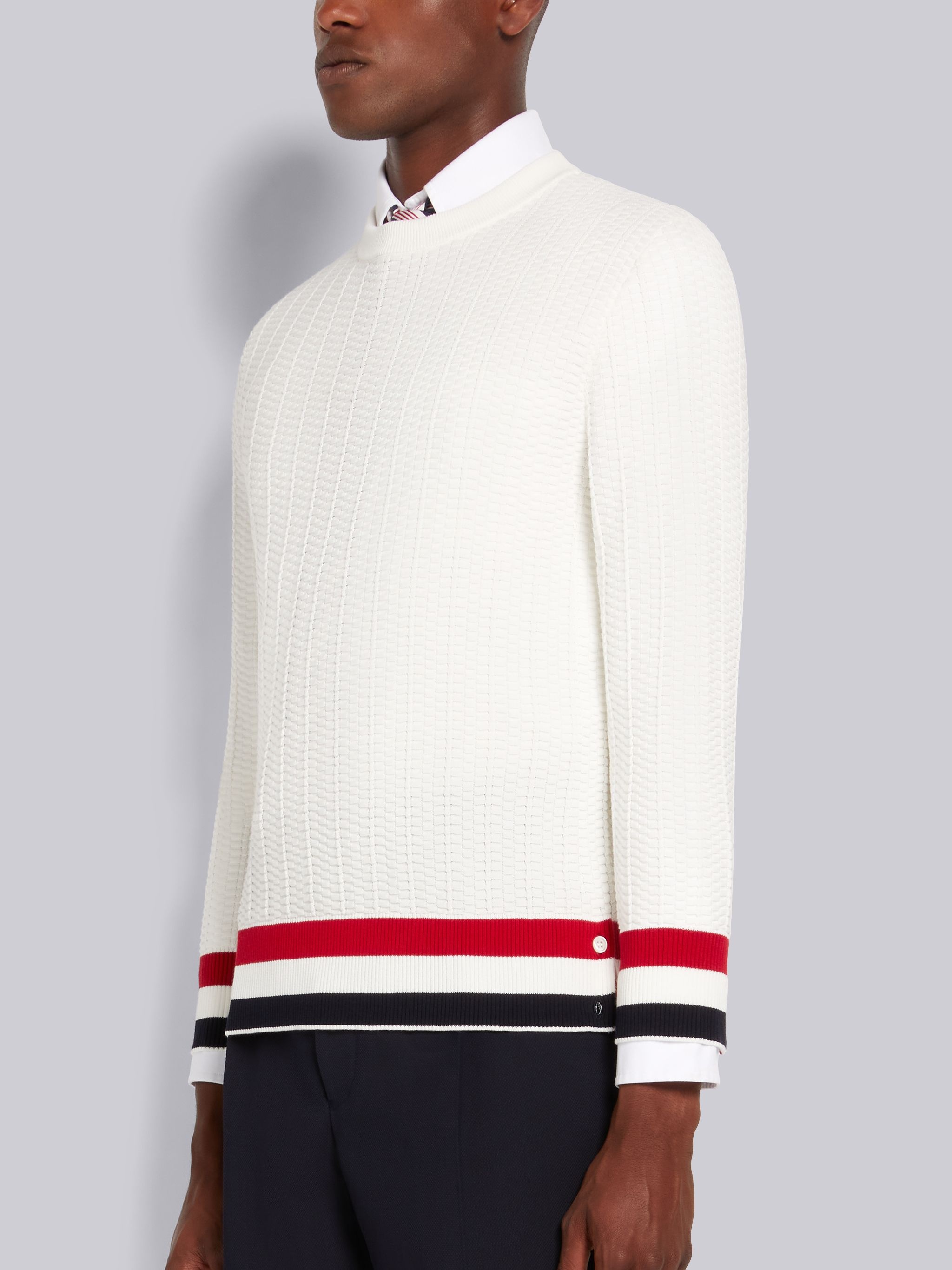 White Textured Cotton Stripe Rib Crew Neck Pullover - 2