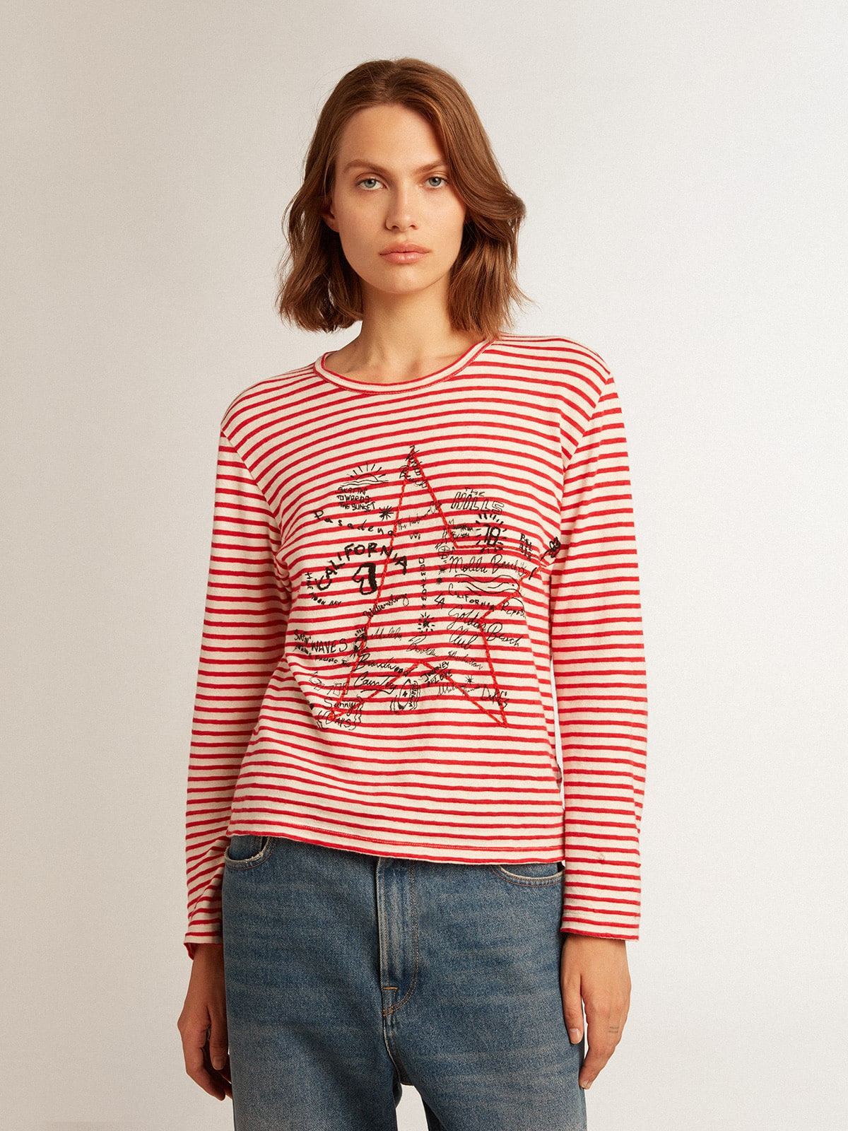Women's T-shirt with white and red stripes and embroidery on the front - 5