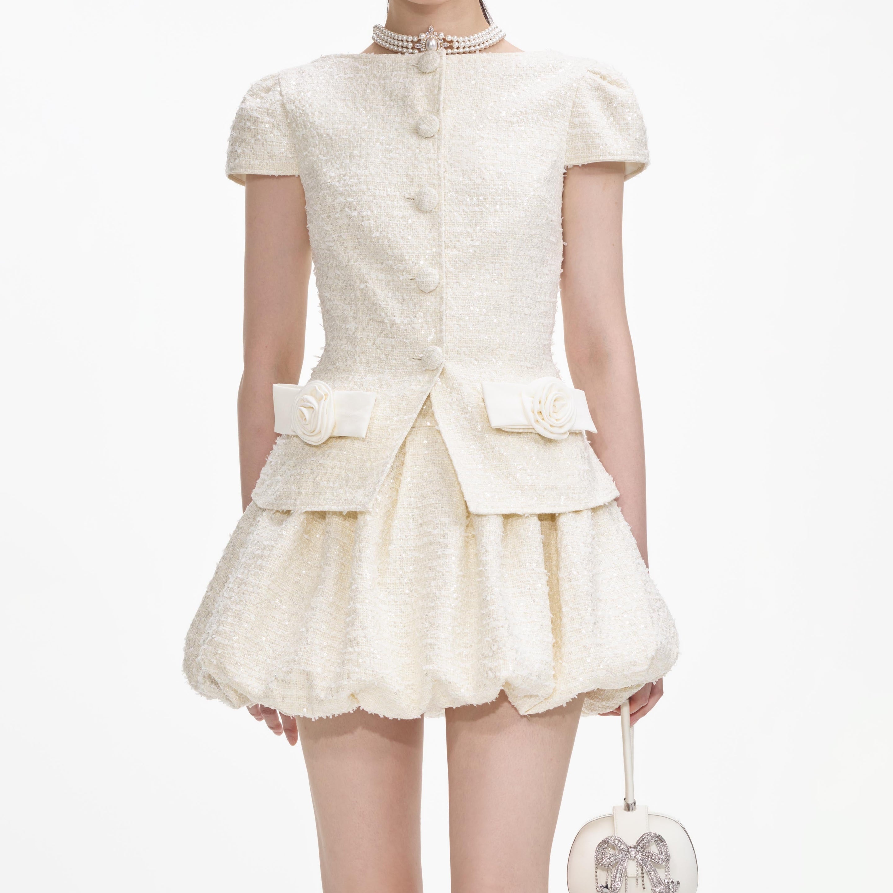 Cream Boucle Bow Detail Mini Dress - 4