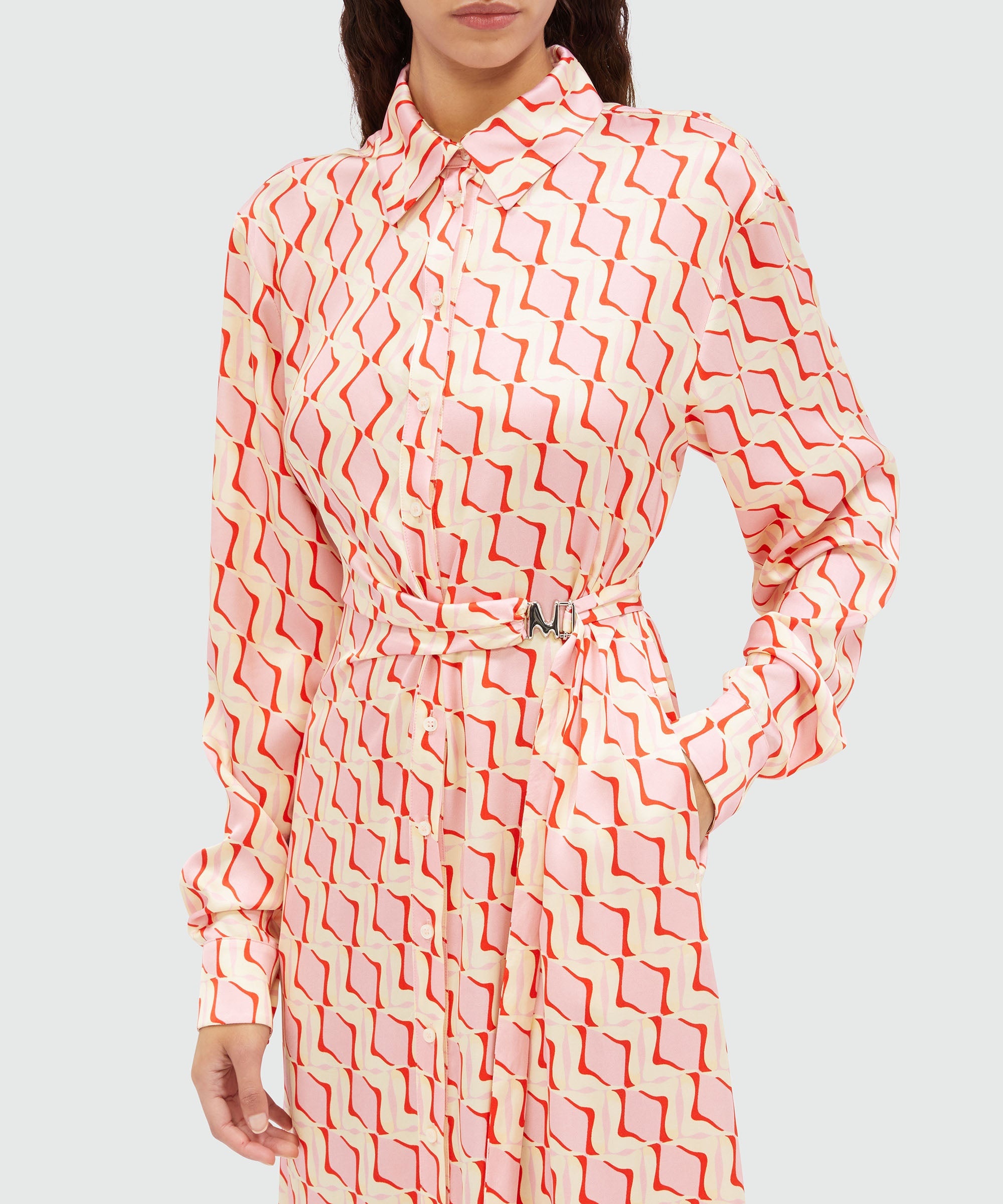 "Optical tiles" print satin shirt dress - 5