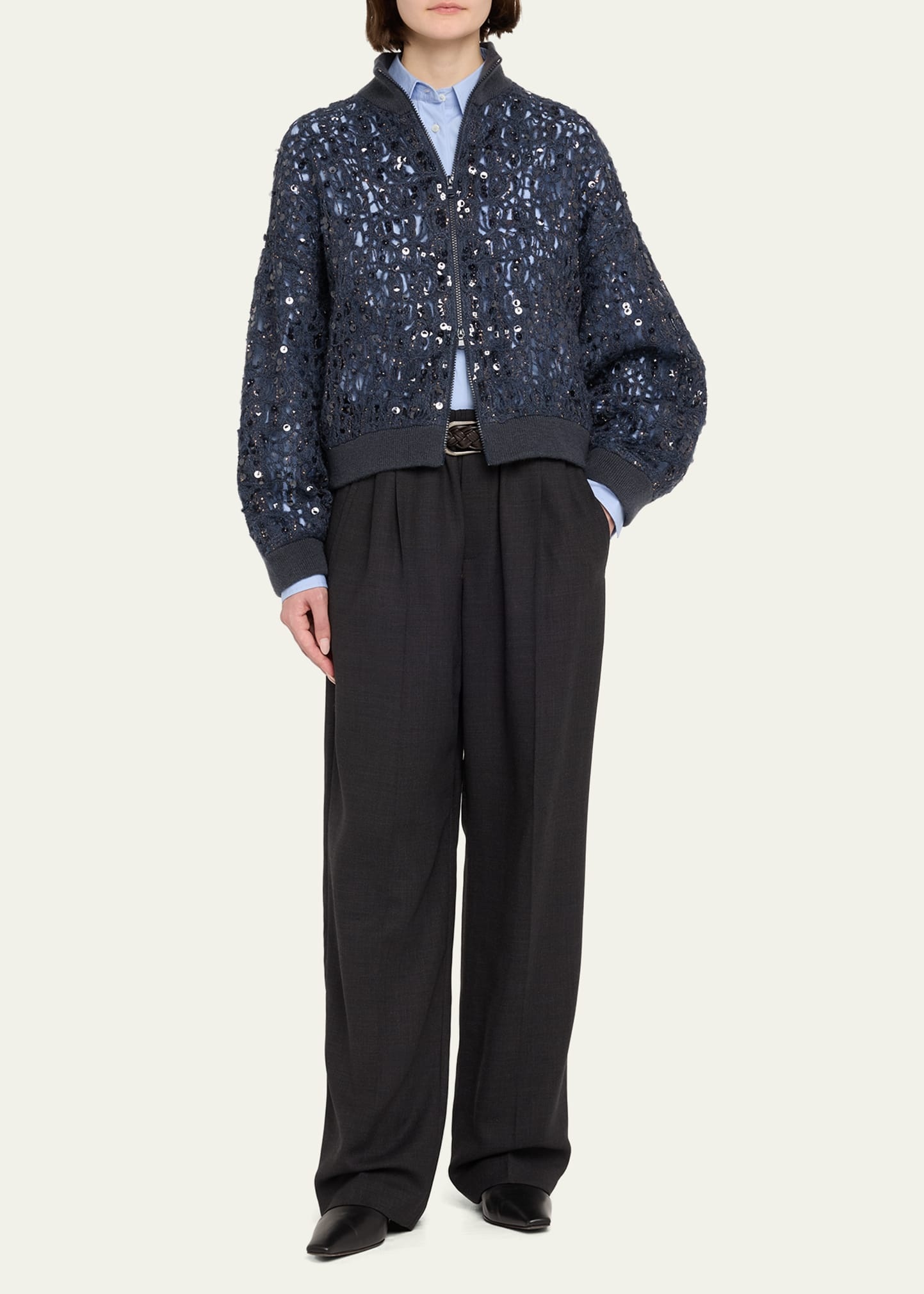 Wool-Cashmere Paillette Open-Knit Zip Cardigan - 2