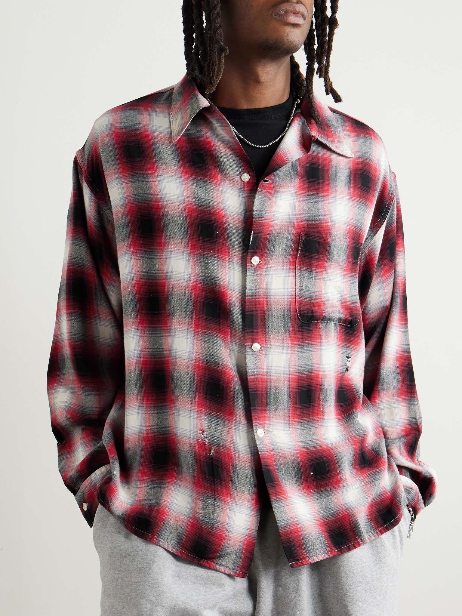 + LASTMAN Convertible-Collar Distressed Paint-Splattered Checked Oxford Shirt - 3