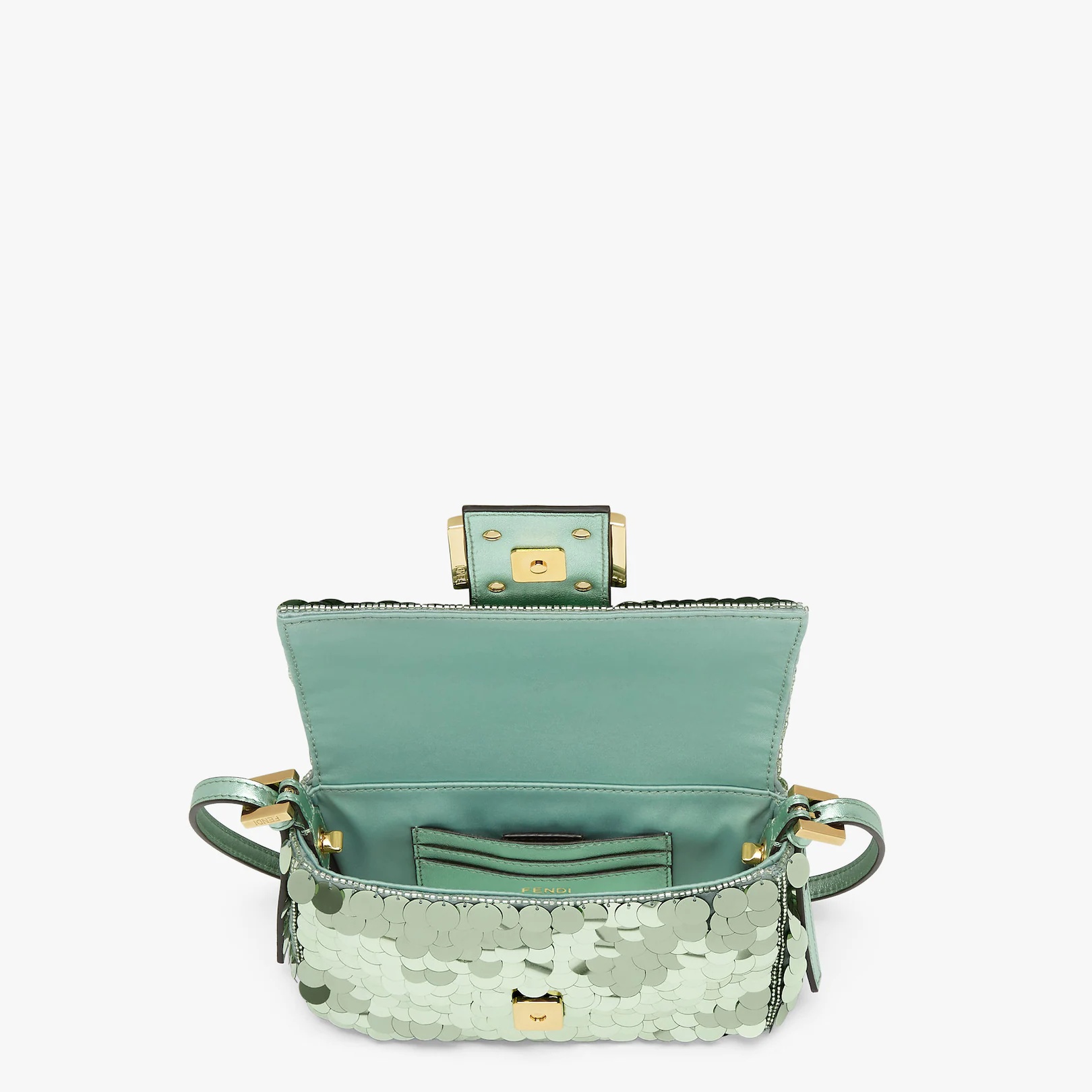 Small 1997 Baguette bag with all-over green metallic sequin embroidery, embellished with an FF clasp - 4