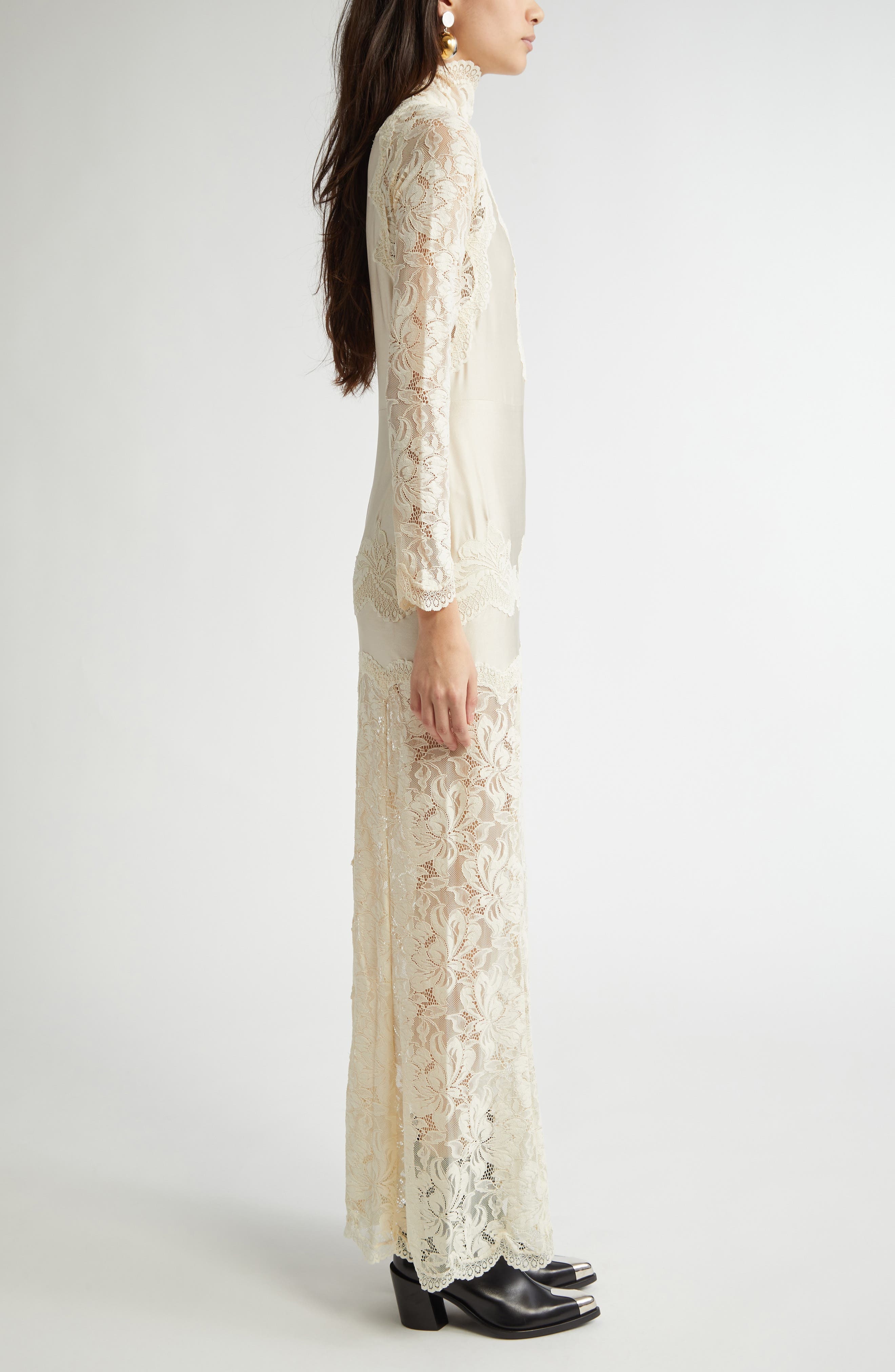 Rabanne Long Sleeve Lace & Jersey Dress in Ivory at Nordstrom - 3