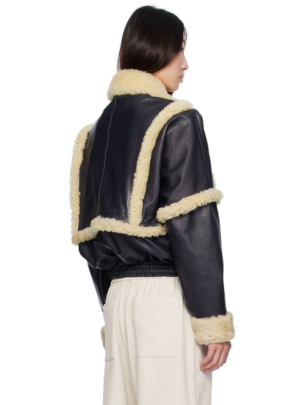 Navy Shearling Leather Bomber Jacket - 3
