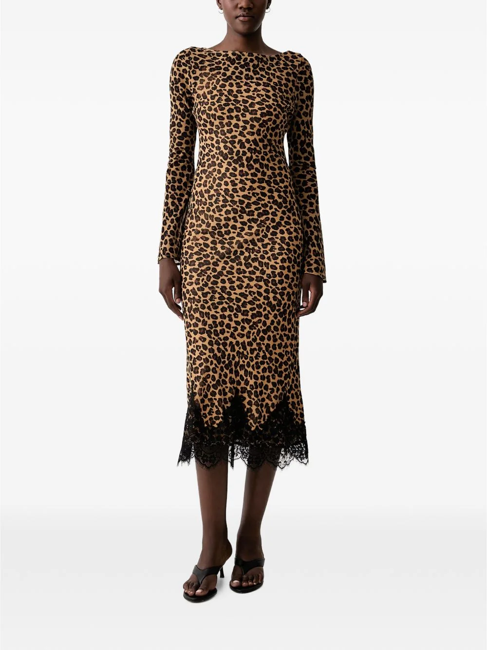 leopard-print lace-trim midi dress - 1