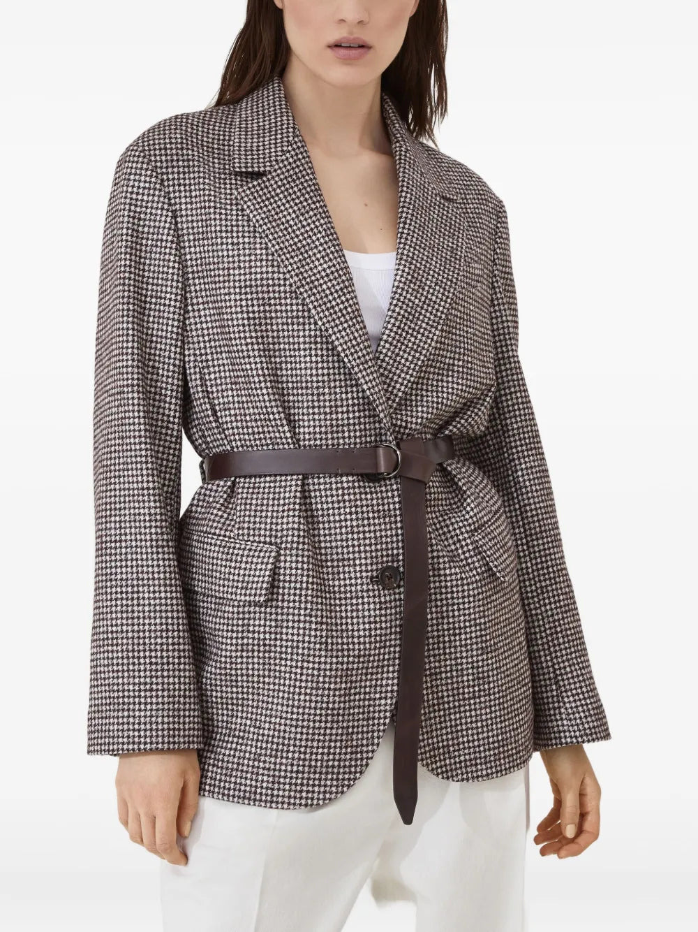 Belted Blazer With Houndstooth Pattern - 3