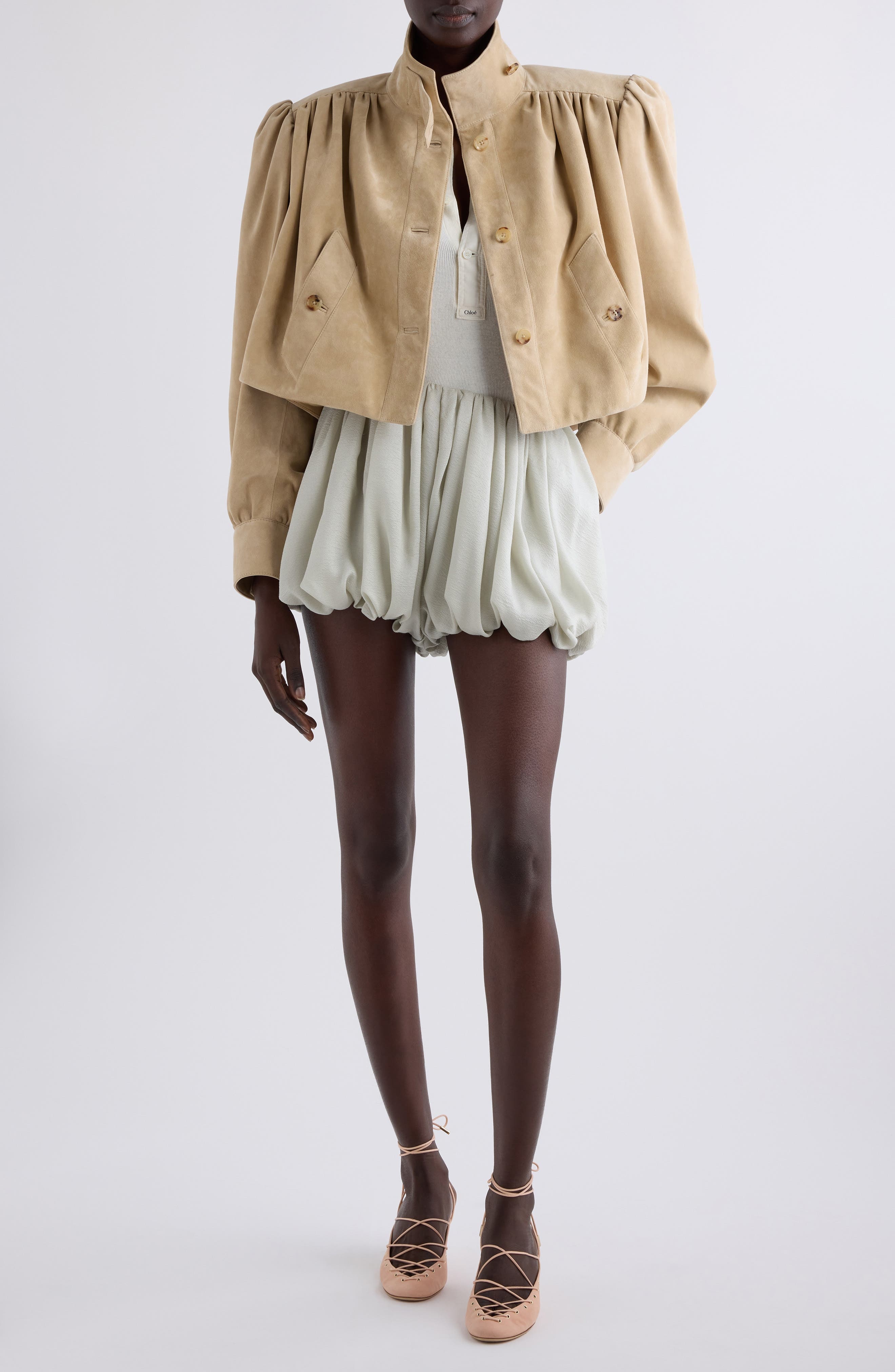 Chloé Puff Shoulder Suede Crop Jacket in Blossom Beige at Nordstrom - 2