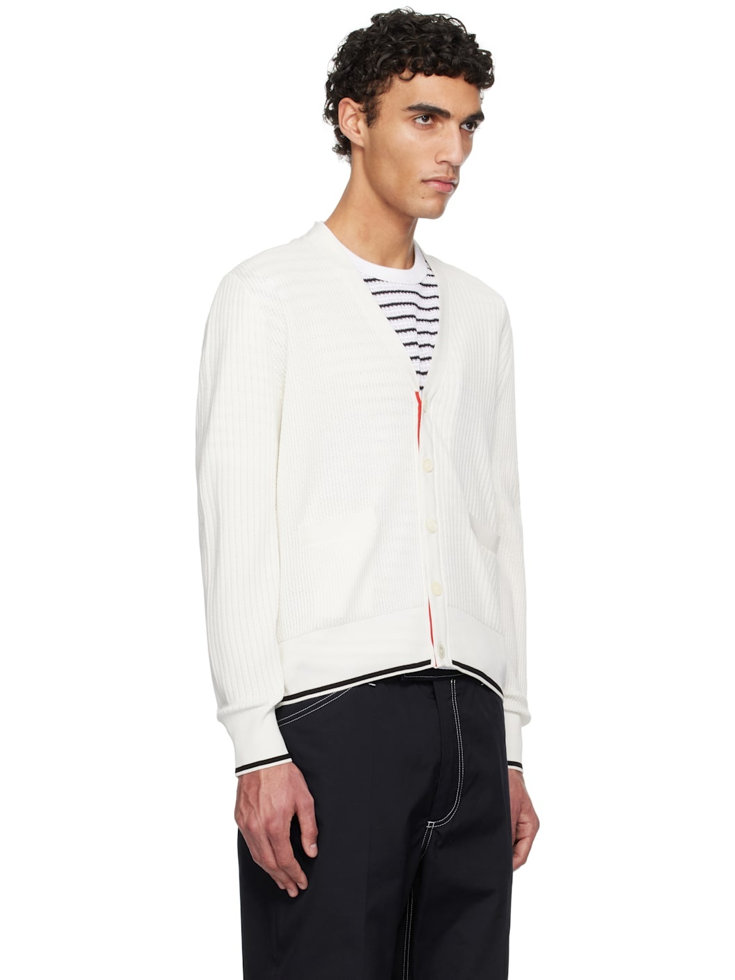 Off-White Half & Half Textured Stitch Relaxed Fit V Neck Cardigan - 2