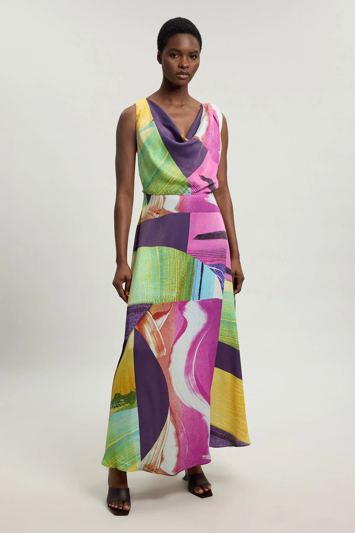 Petite Pink Abstract Twist Shoulder Satin Viscose Midi Dress - 1