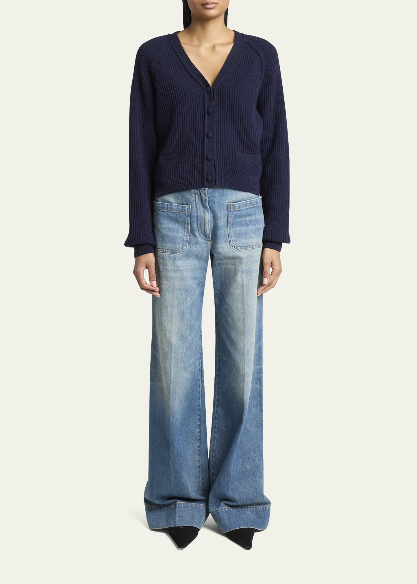 Stepped Hem V-Neck Cashmere Wool Cardigan - 2