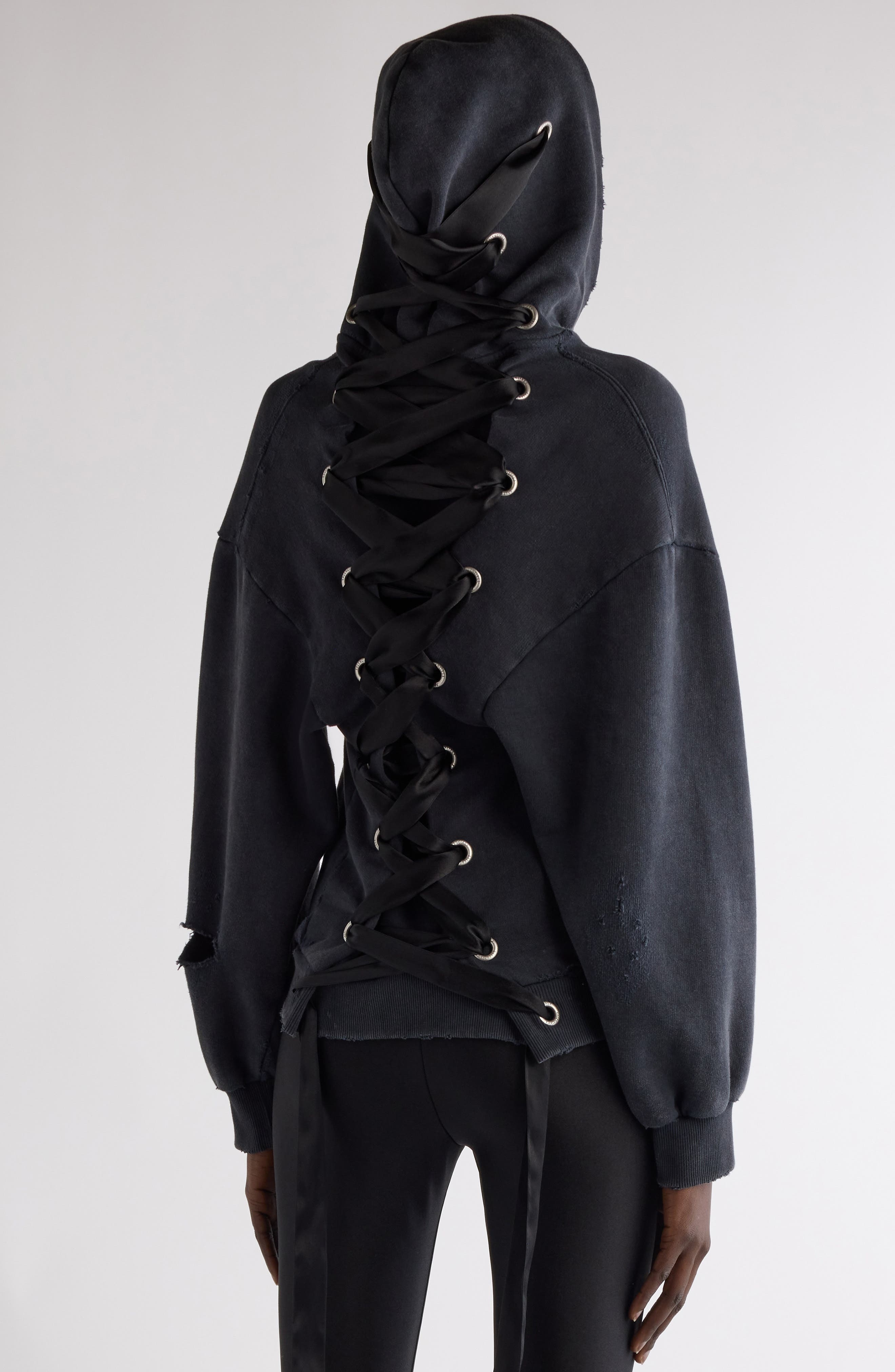 Balenciaga Lace-Up Back Zip Hoodie in 1041 Faded Washed Black at Nordstrom - 4