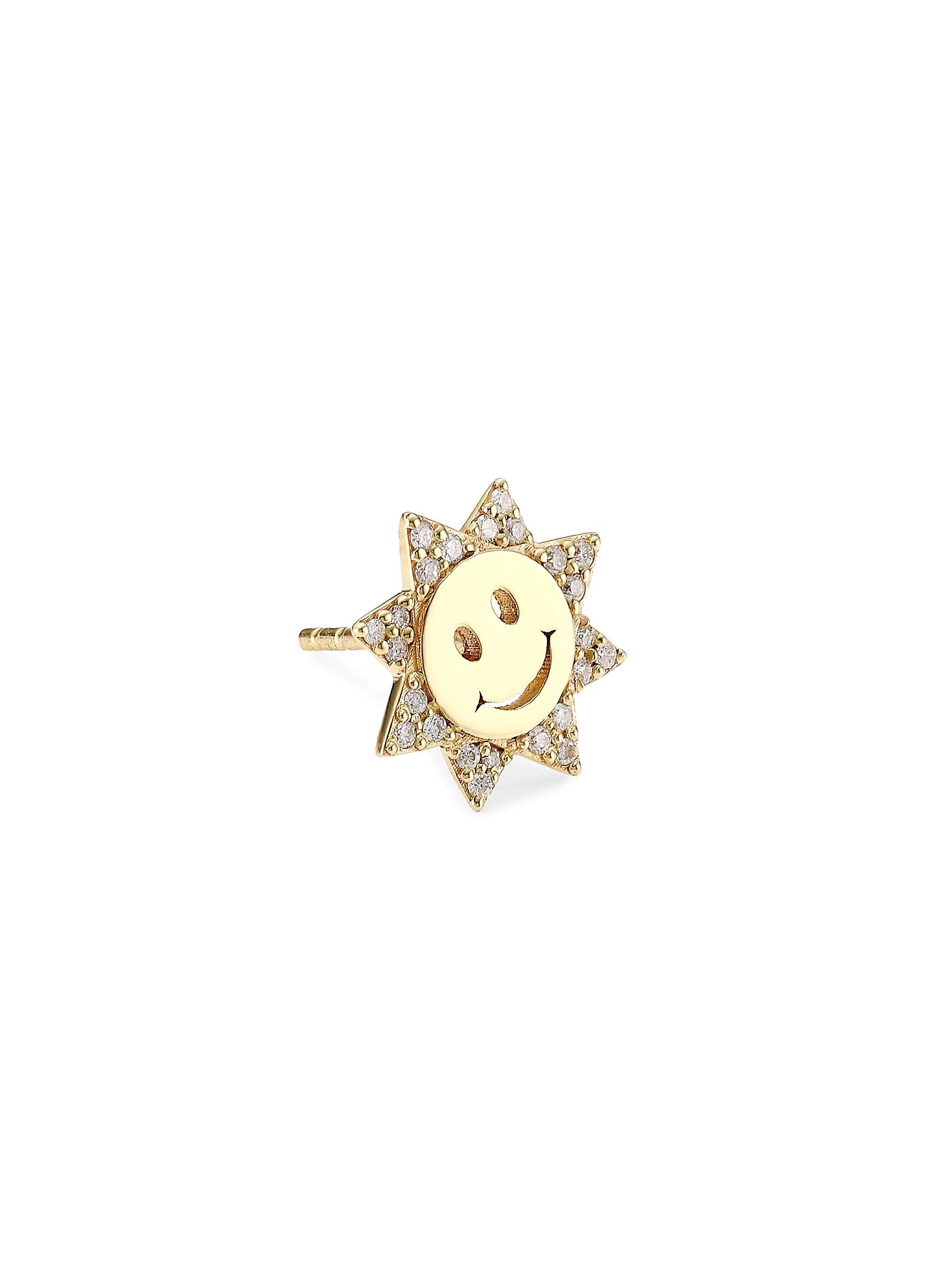 14K Yellow Gold & Diamond Happy Face Single Stud Earring - 1