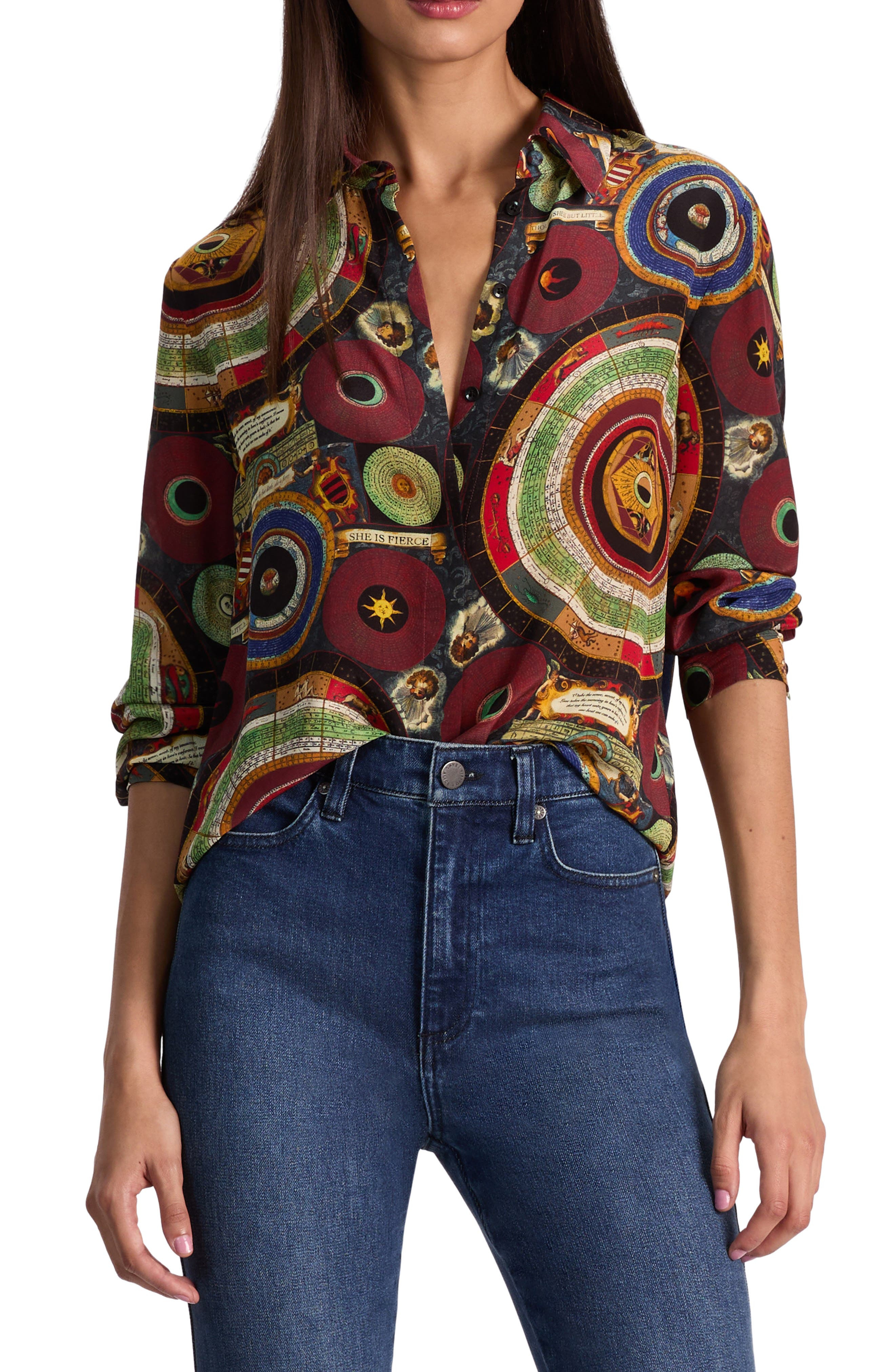 Alice + Olivia Willa Silk Button-Up Shirt in Hands Of Time at Nordstrom - 3