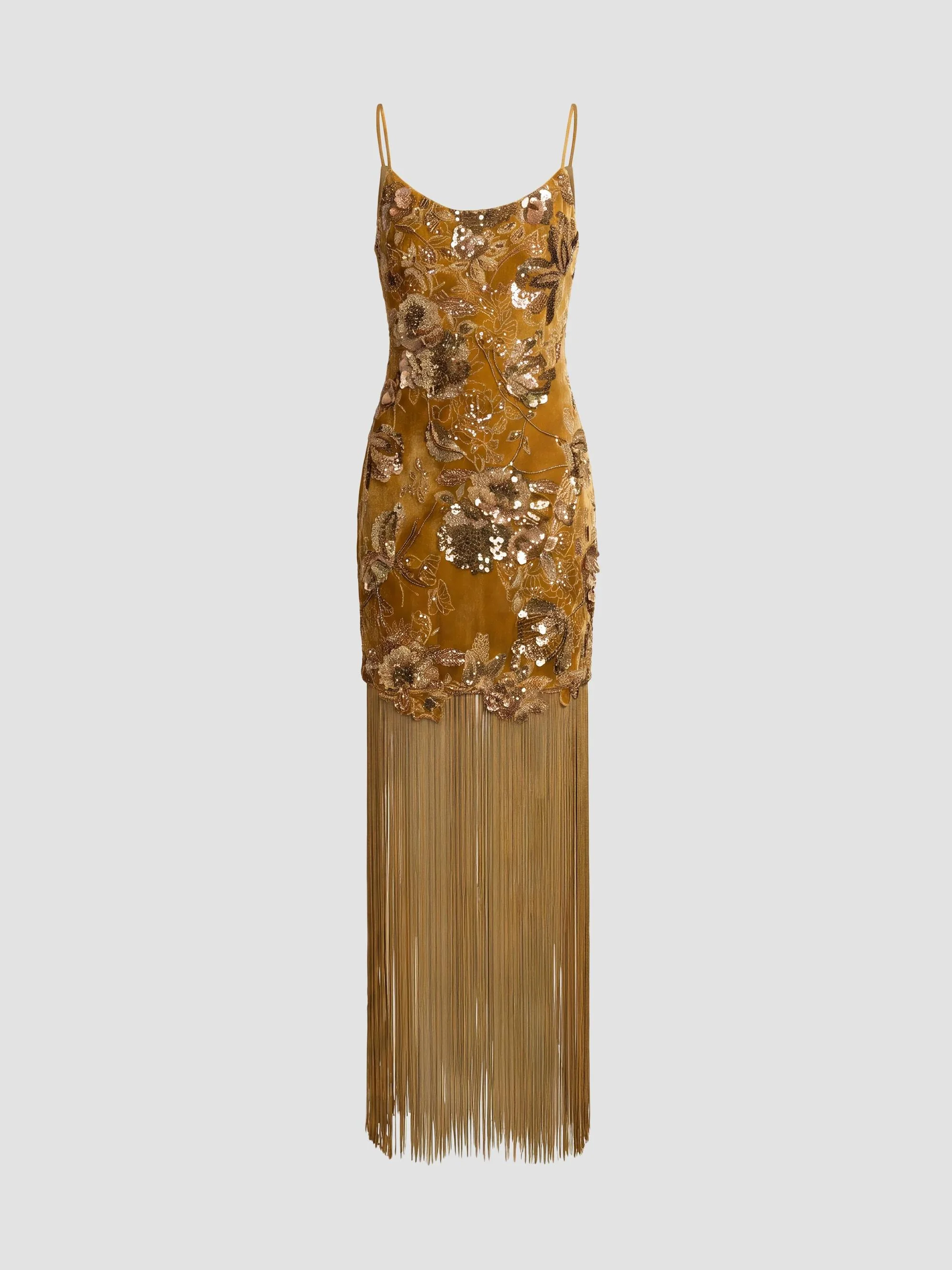 Women's Beaded Velvet Fringe-Hem Cocktail Dress - Gold - 1
