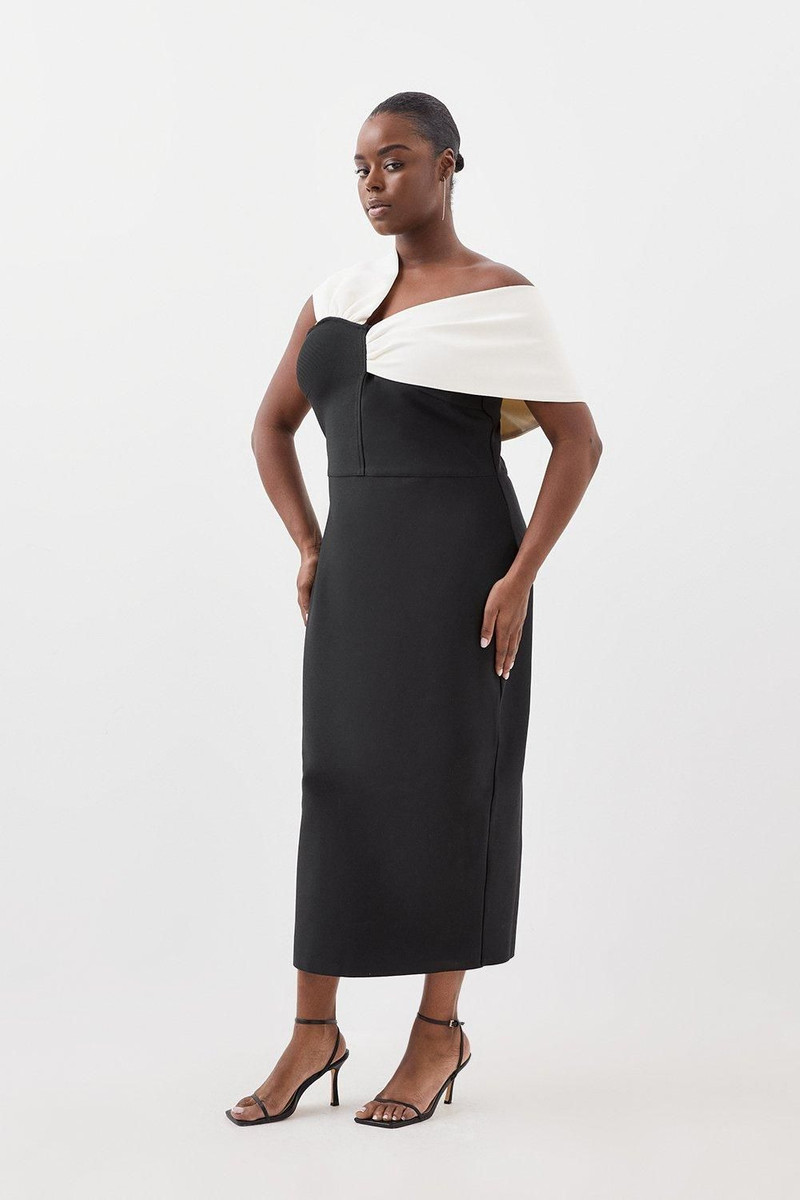 Plus Size Figure Form Bandage Knit Asymmetric Strap Midi Dress 1