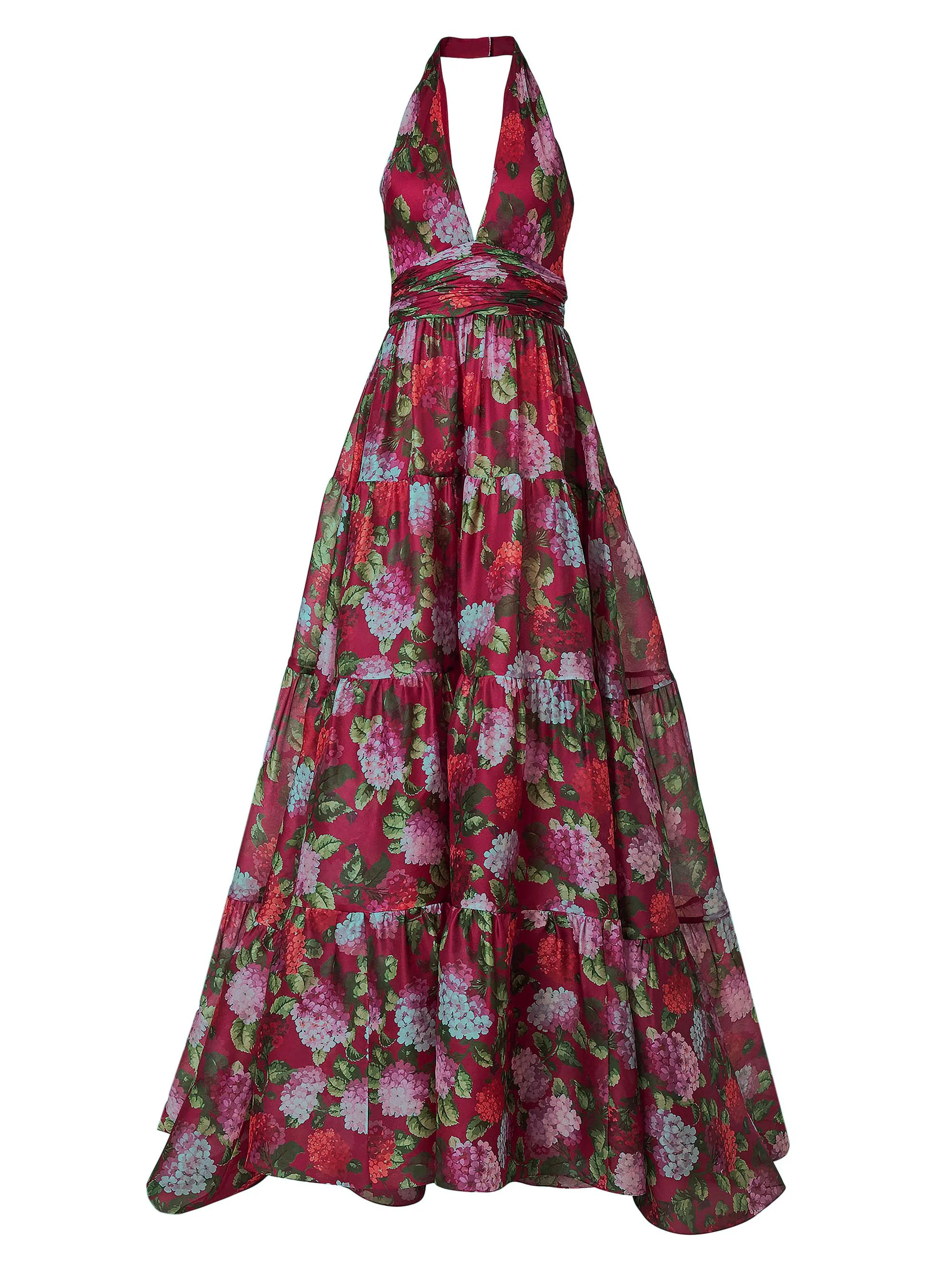 Women's Floral Halterneck Tiered Gown - Cranberry Multi - 1