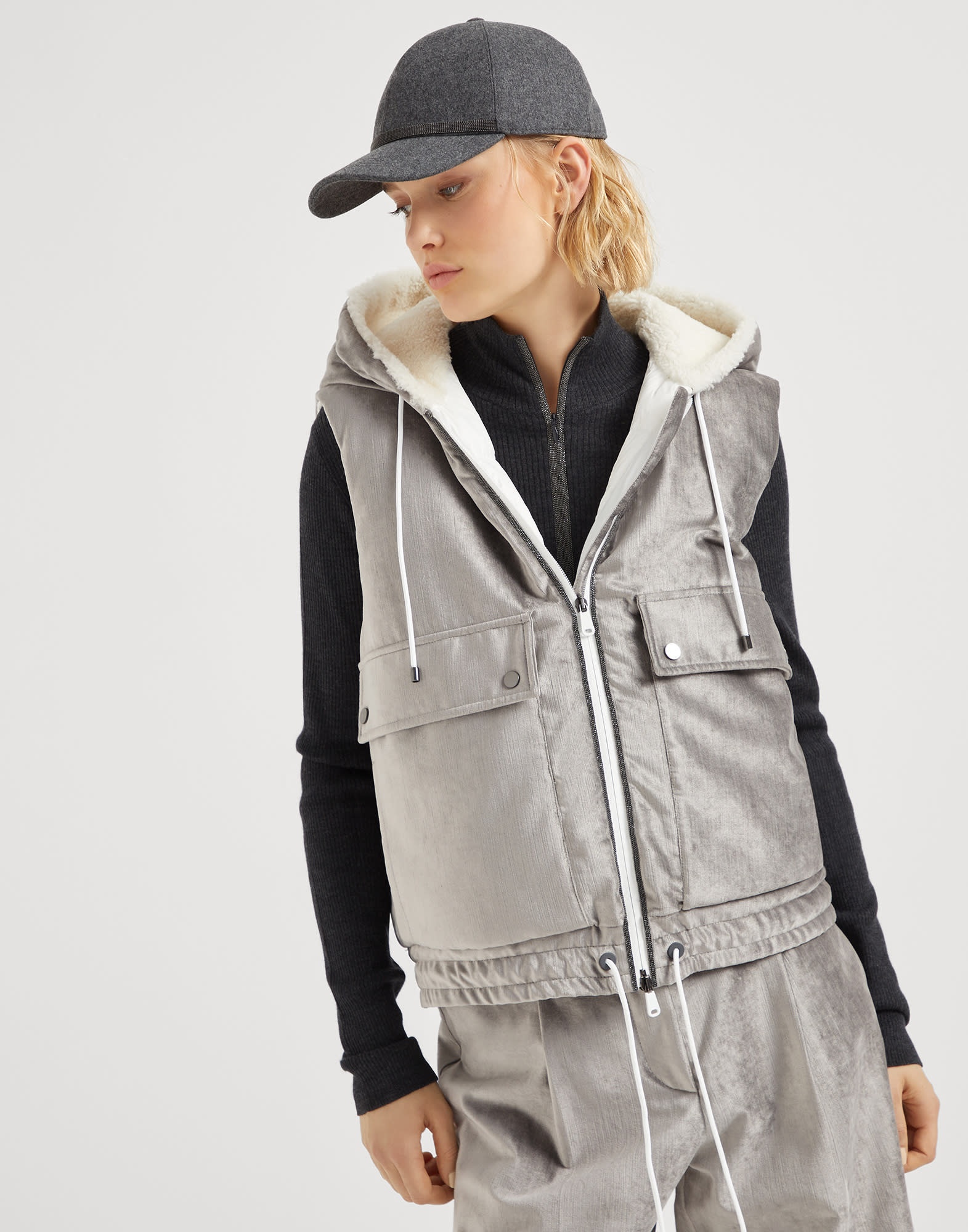 Cotton and viscose sleek velvet down vest with shiny trims - 4
