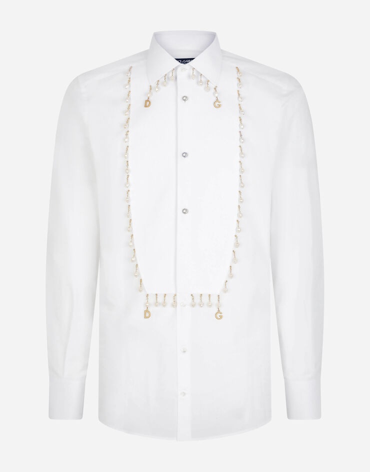 Gold-fit tuxedo shirt with pearl pendants and DG logo - 3