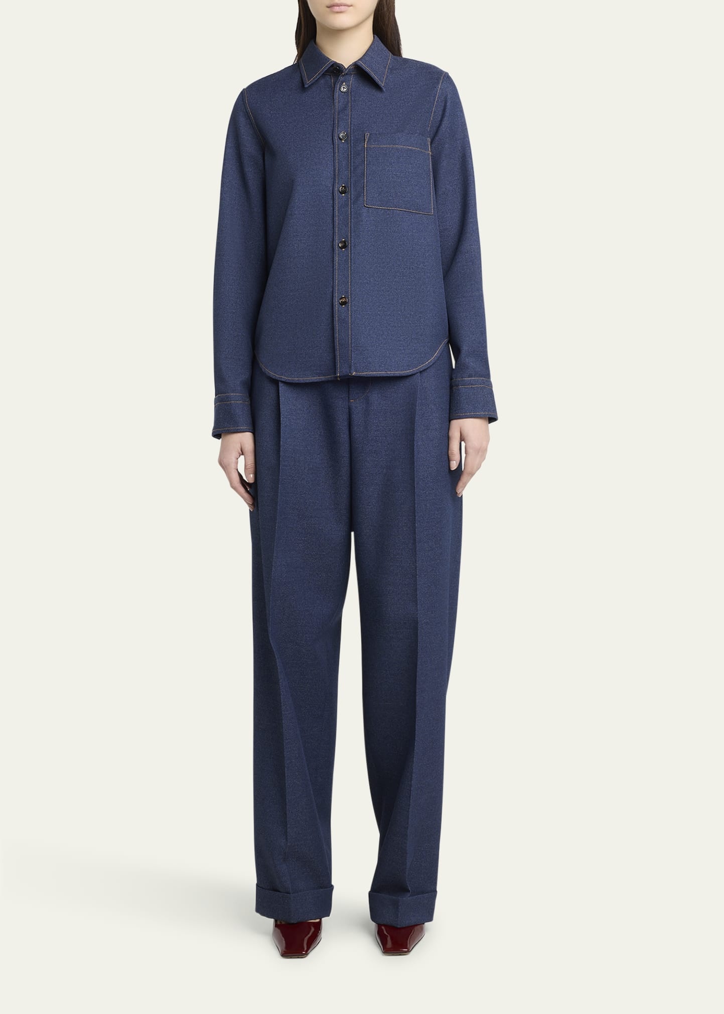 Melange Wool Cotton Drill Button-Down Shirt - 2