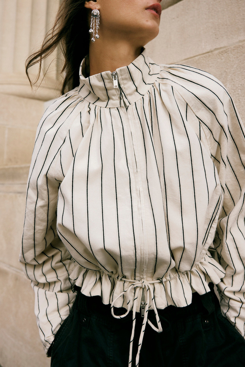 FREE PEOPLE Devon Striped Balloon Funnel-Neck Jacket outlook